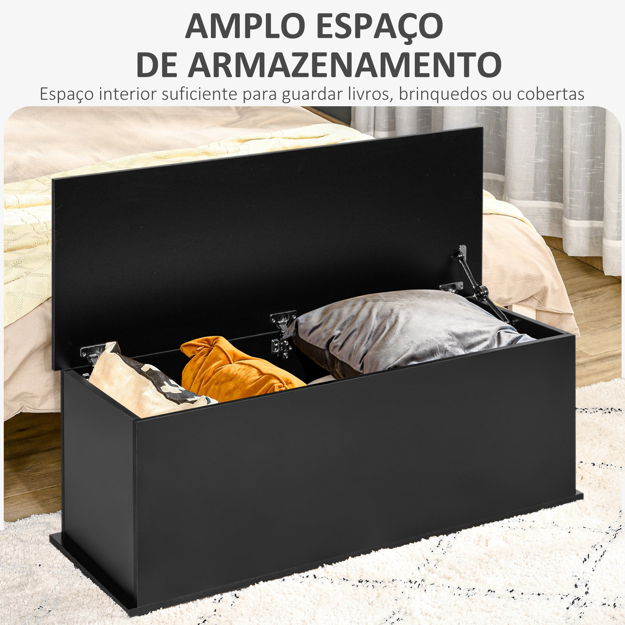 Baú de Armazenamento de Madeira - 100x40x40 cm - Cor Preto