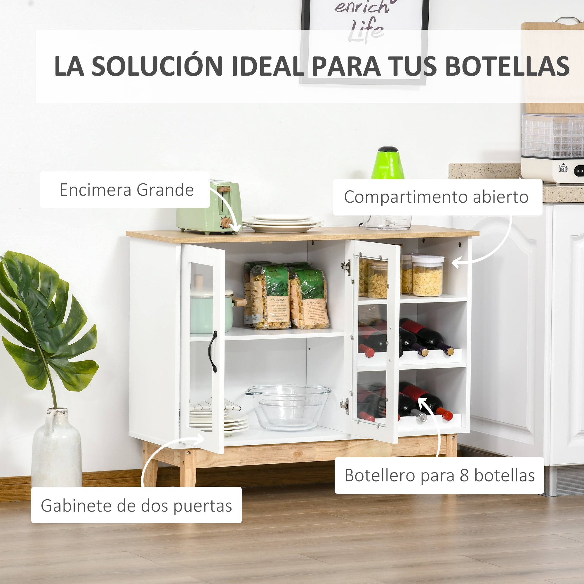 Aparador de Cozinha com Suporte para 8 Garrafas de Vinho 103x34x80cm Branco