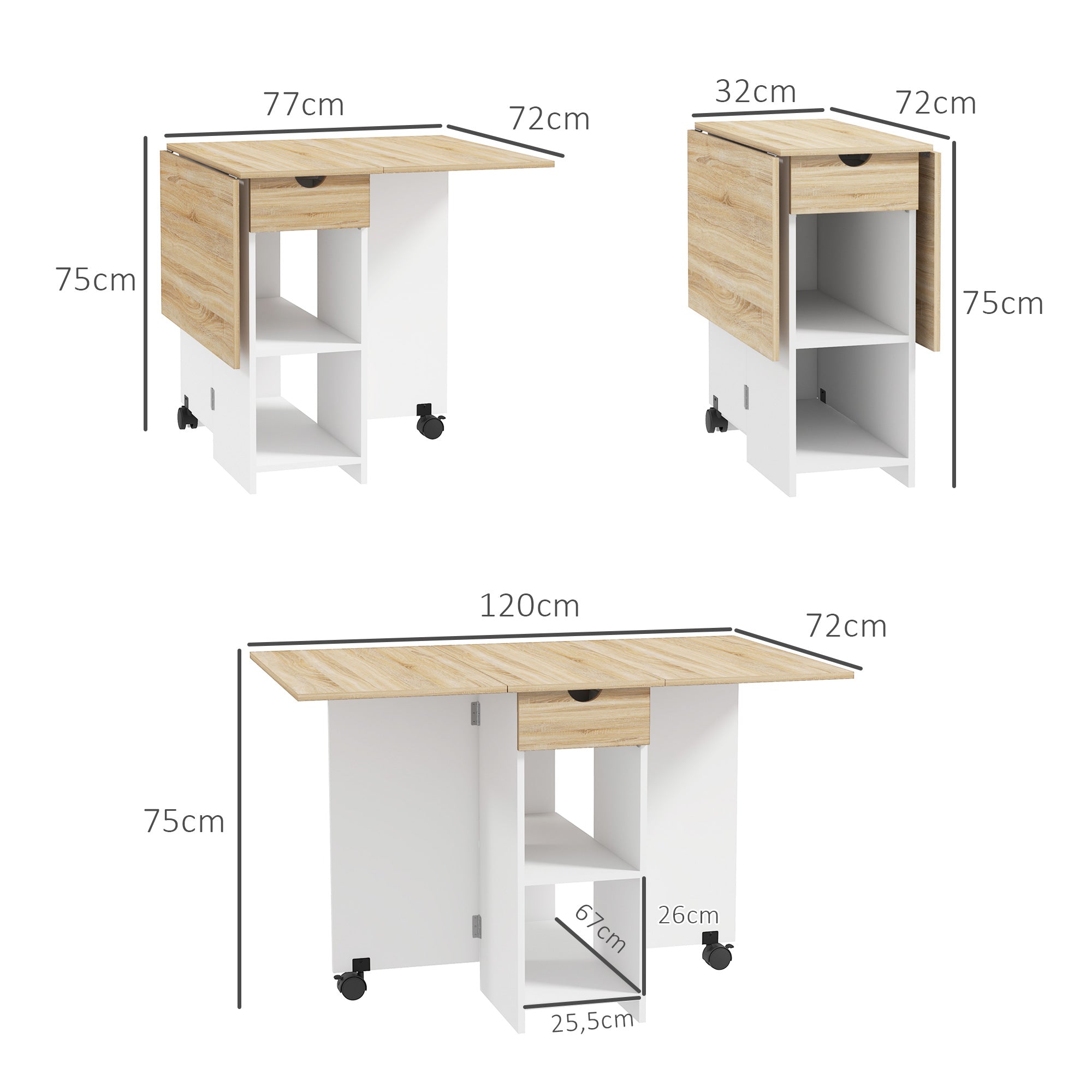 Mesa de Cozinha Dobrável – 120x72x75 cm – Carvalho e Branco – Melamina