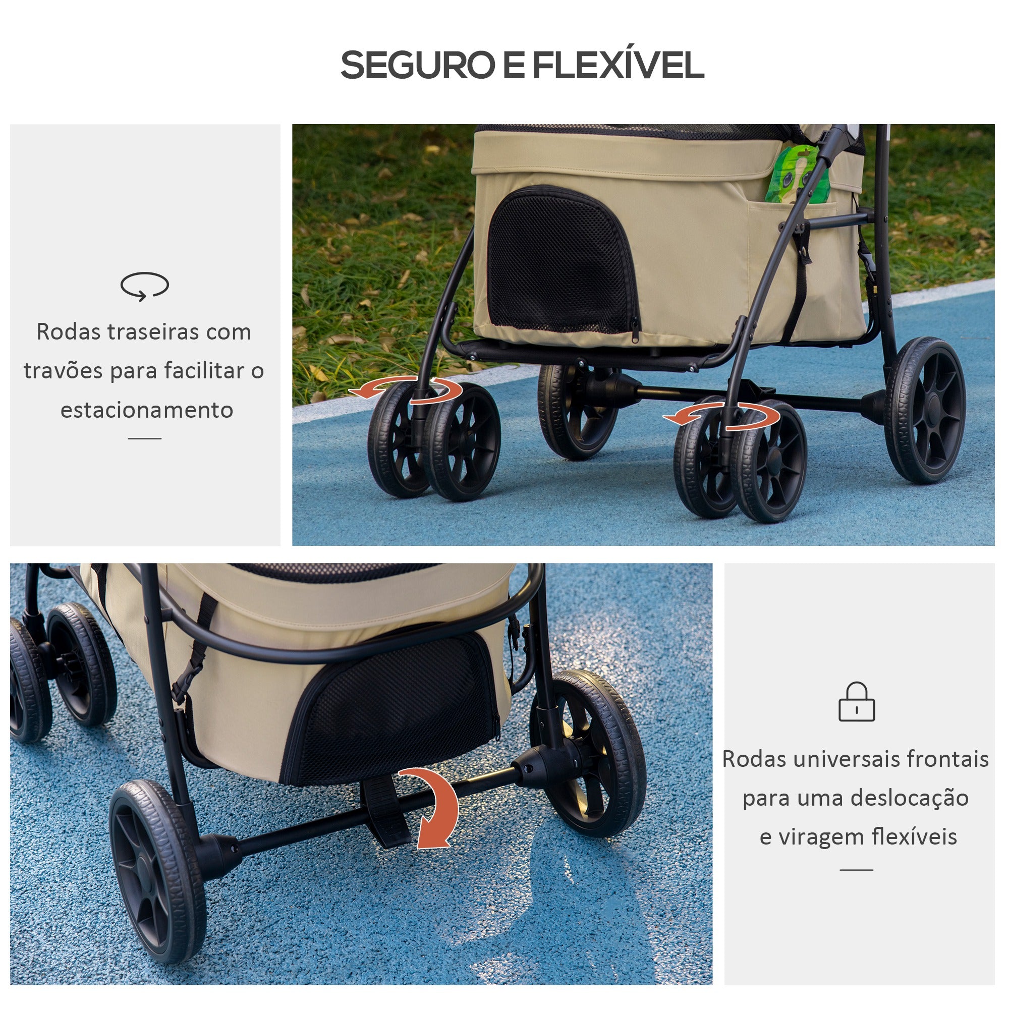 Carrinho para Animais de Estimação 2 em 1 Dobrável 81x68x98,5 cm - Cor Cáqui