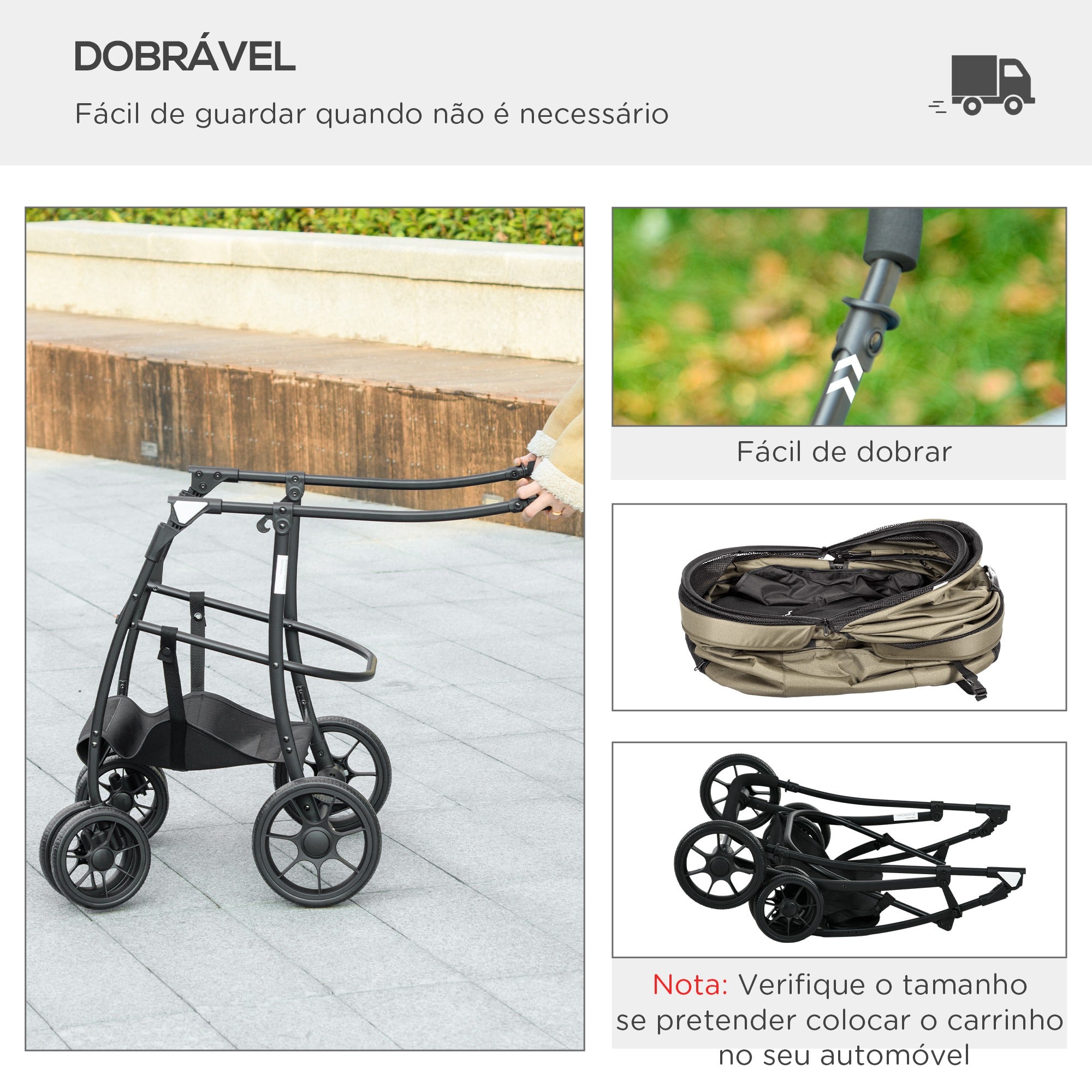 Carrinho para Animais de Estimação 2 em 1 Dobrável 81x68x98,5 cm - Cor Cáqui