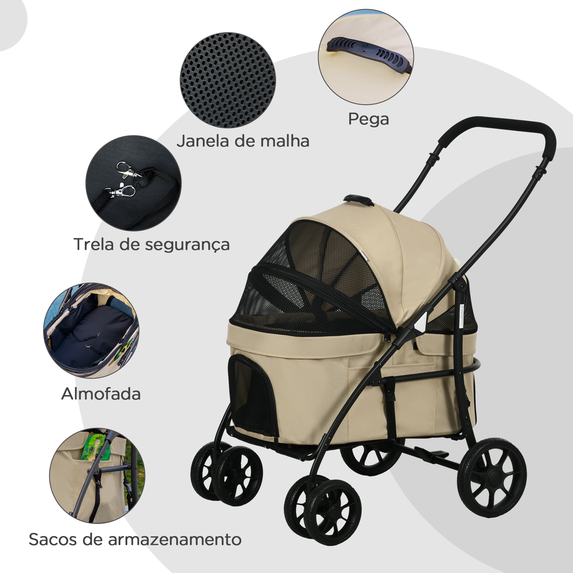 Carrinho para Animais de Estimação 2 em 1 Dobrável 81x68x98,5 cm - Cor Cáqui