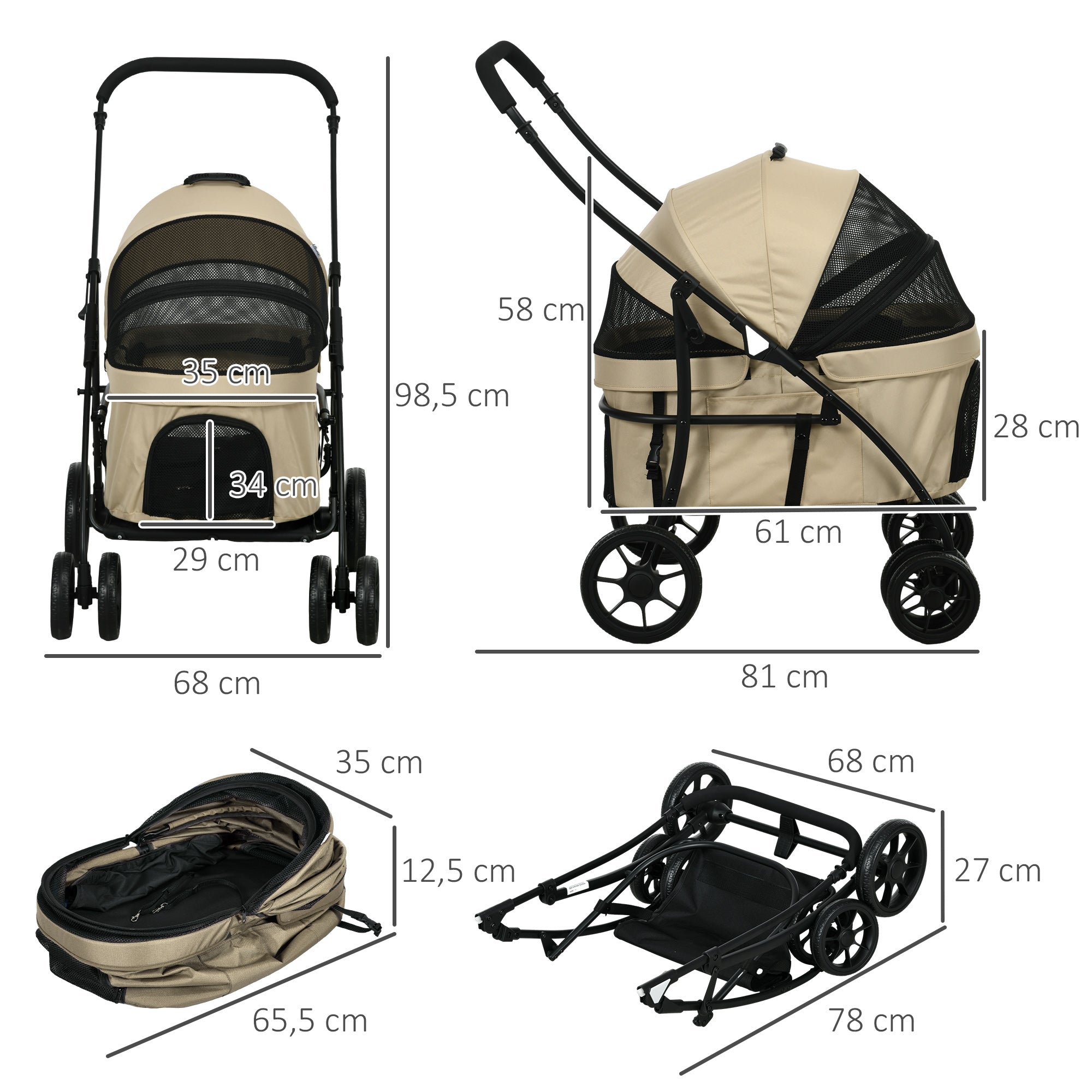 Carrinho para Animais de Estimação 2 em 1 Dobrável 81x68x98,5 cm - Cor Cáqui