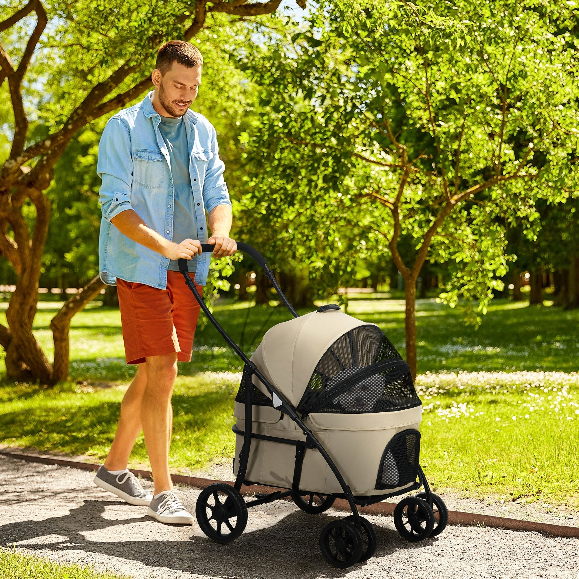 Carrinho para Animais de Estimação 2 em 1 Dobrável 81x68x98,5 cm - Cor Cáqui