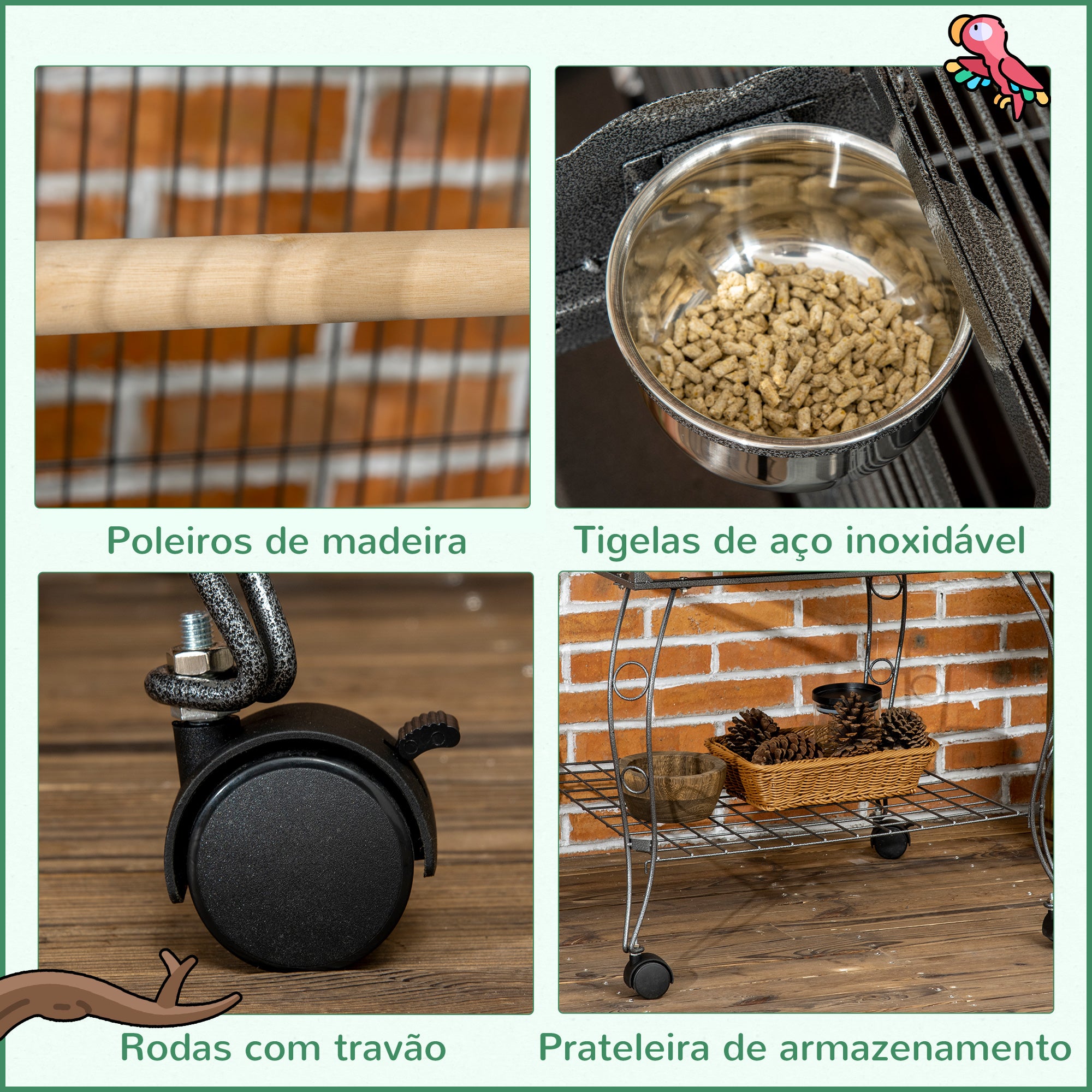 Gaiola para Pássaros de Metal com 2 Portas e Rodas 80x76,5x168 cm - Cinza Escuro