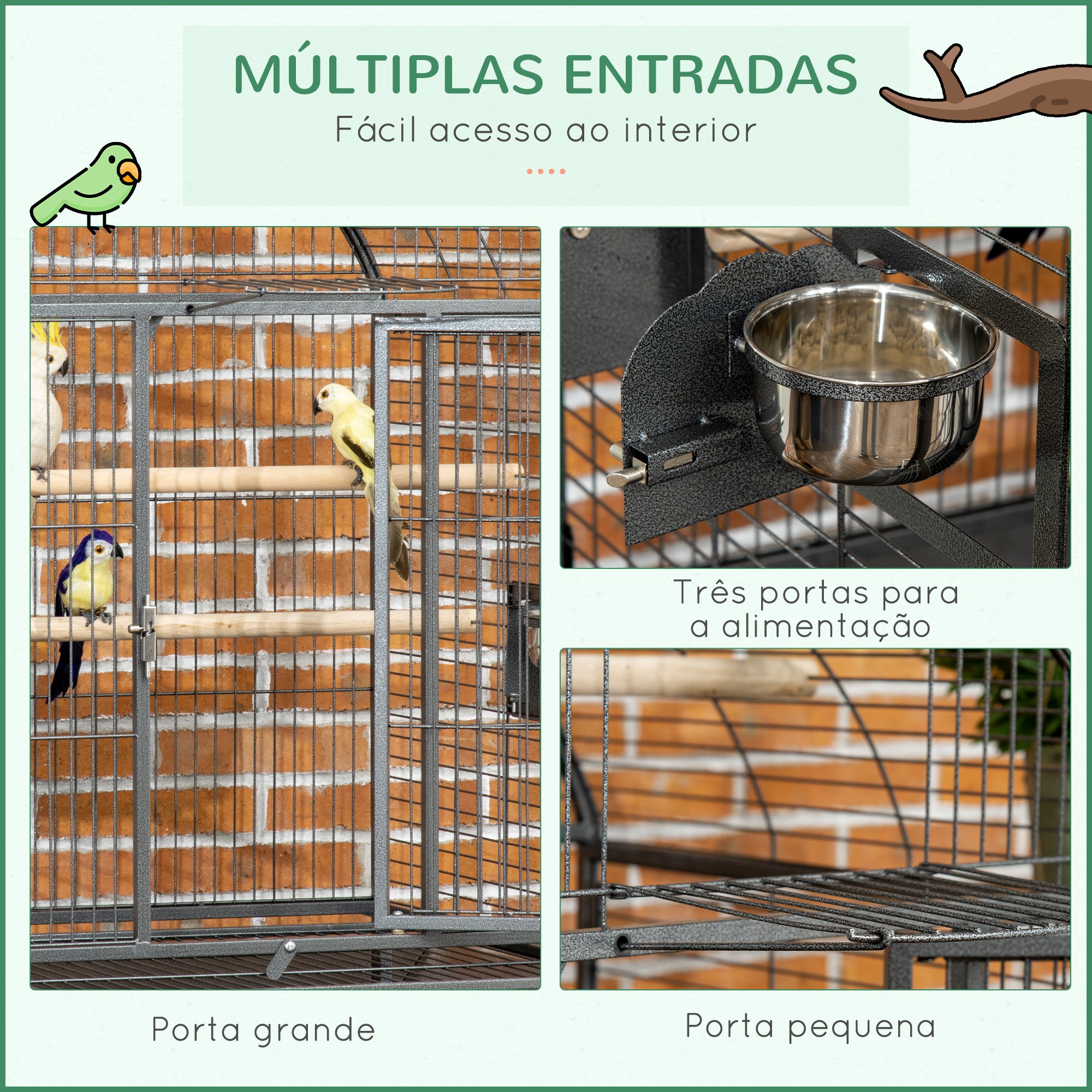 Gaiola para Pássaros de Metal com 2 Portas e Rodas 80x76,5x168 cm - Cinza Escuro