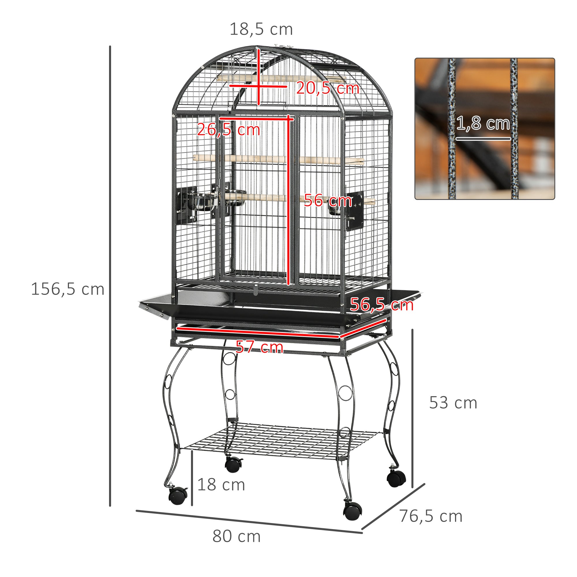 Gaiola para Pássaros de Metal com 2 Portas e Rodas 80x76,5x168 cm - Cinza Escuro