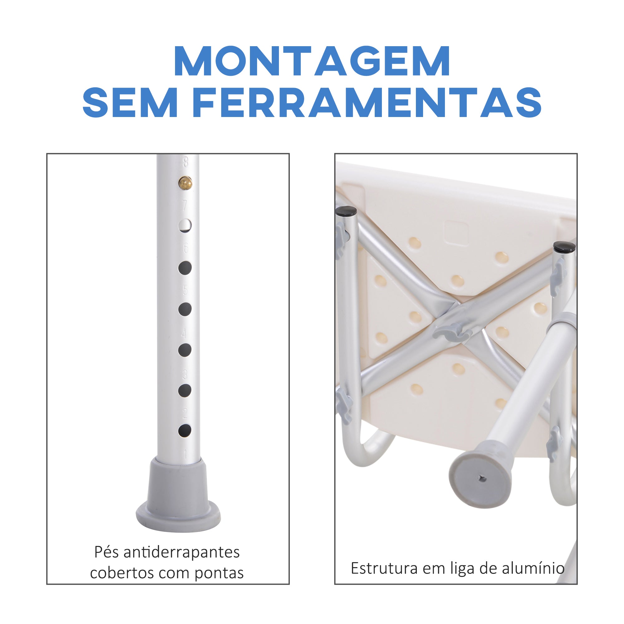 Banco de Duche Antiderrapante 50,6x43x71-88 cm - Branco e Prata