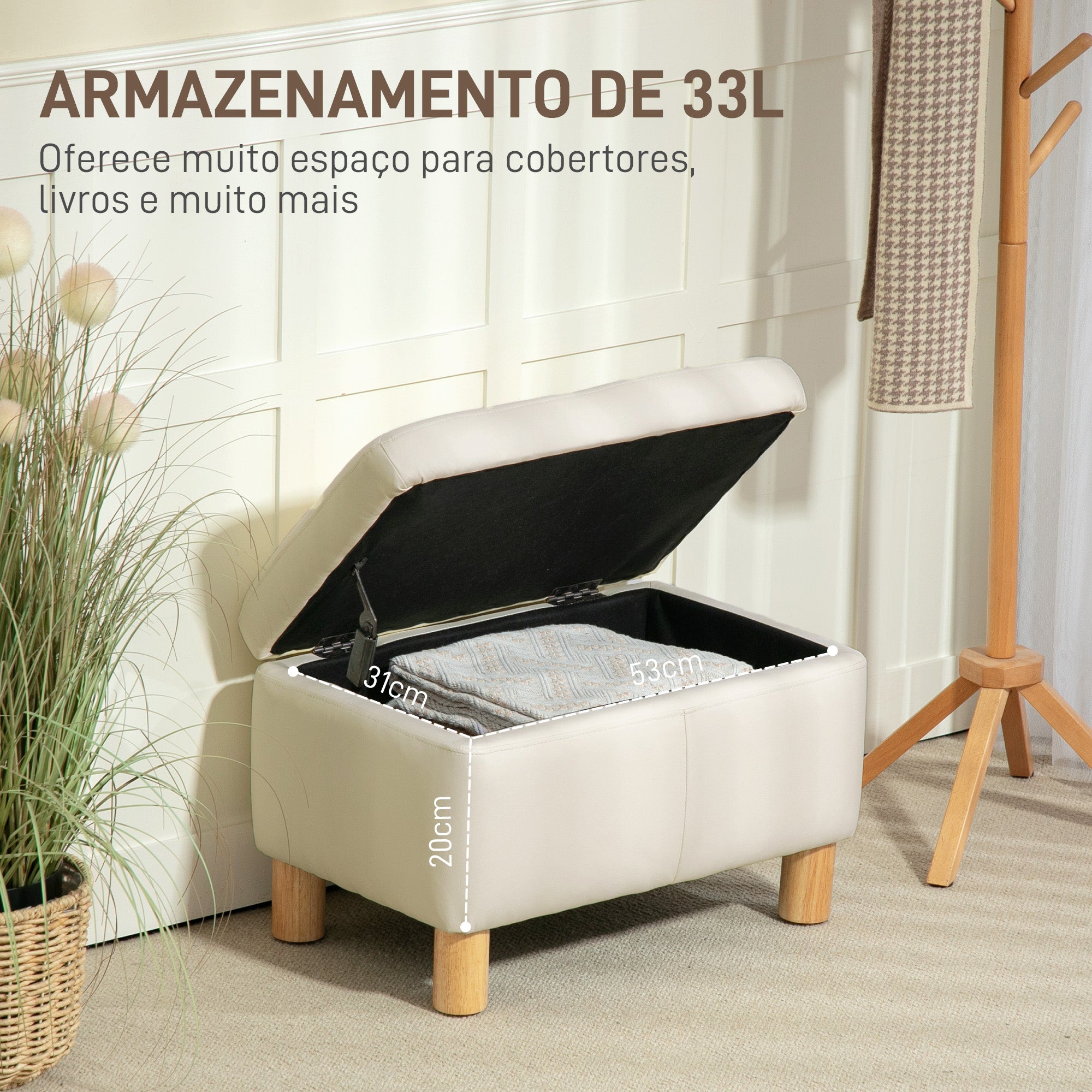Baú de Armazenamento Estofado 60x38x40 cm - Cor Creme
