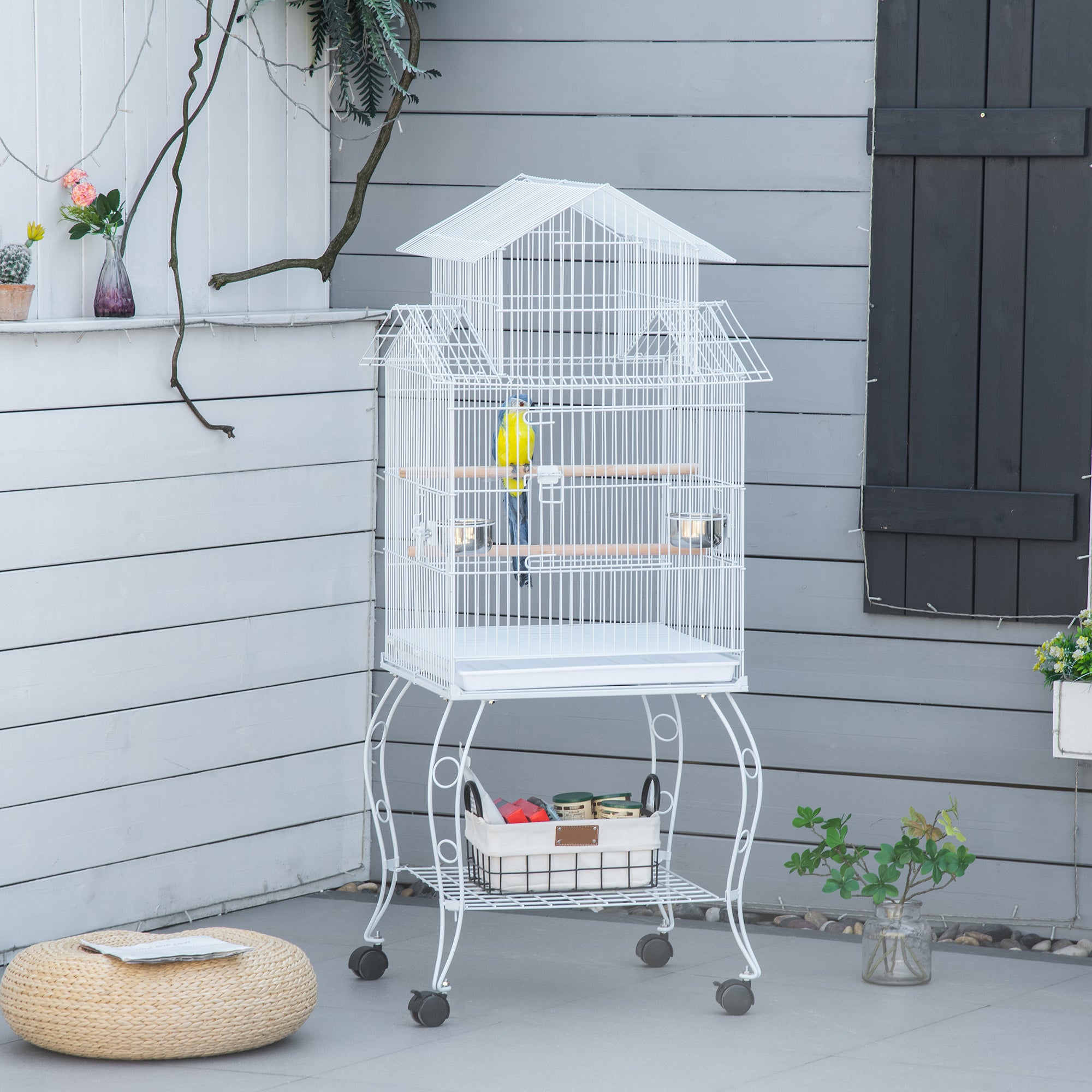 Gaiola para Pássaros Grande – 50x49x137cm – Branca – Metal e Madeira