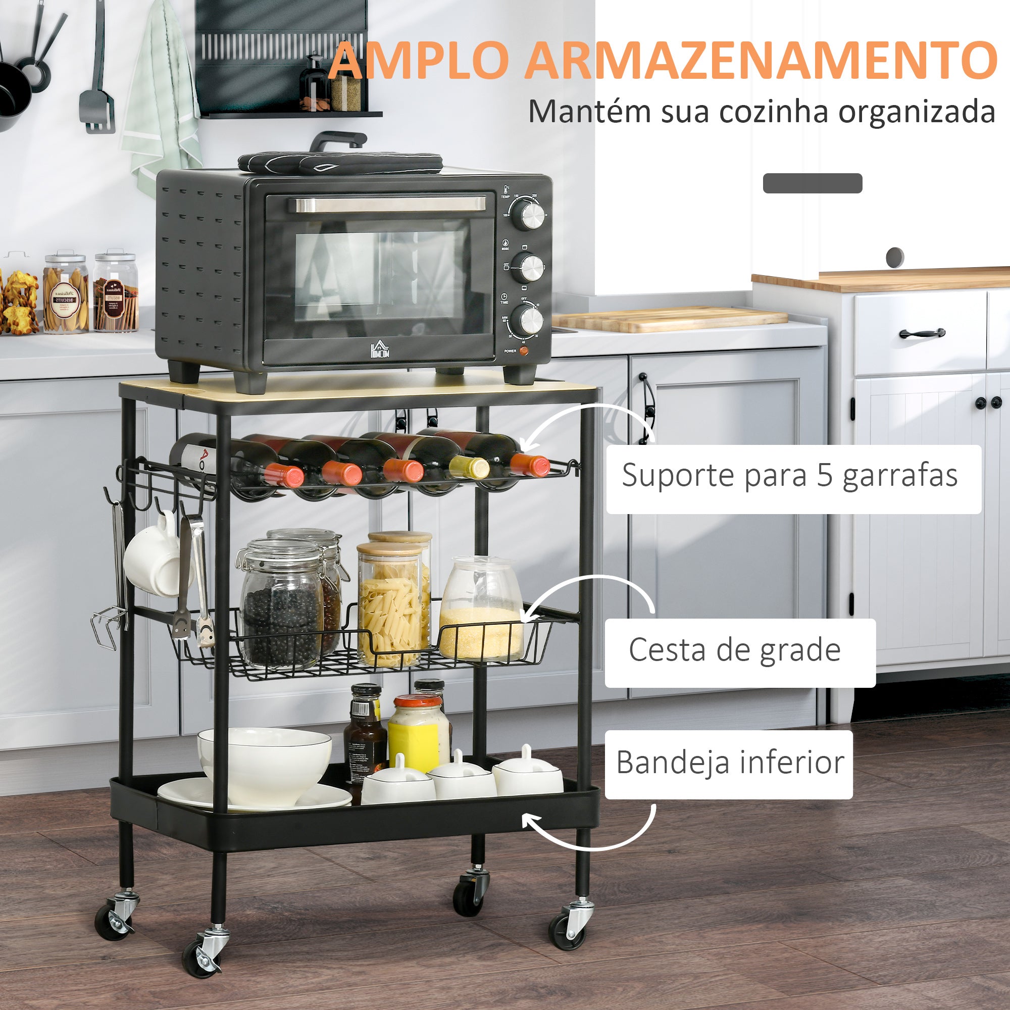 Carrinho de Cozinha Multiuso – 60.5x35.5x75cm – Preto e Carvalho – MDF e Aço
