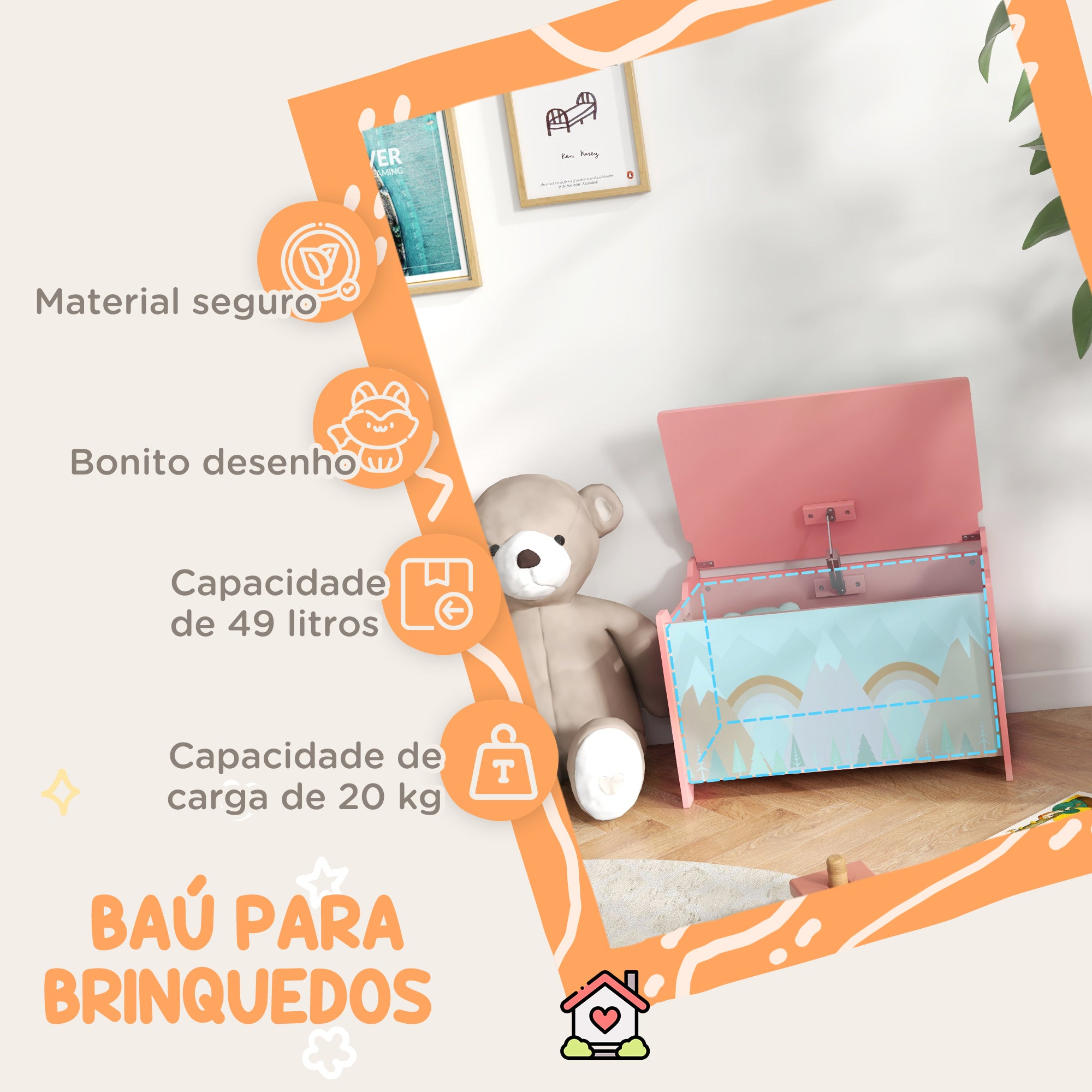 Baú de Brinquedos Organizador Infantil Rosa 60x37x39 cm