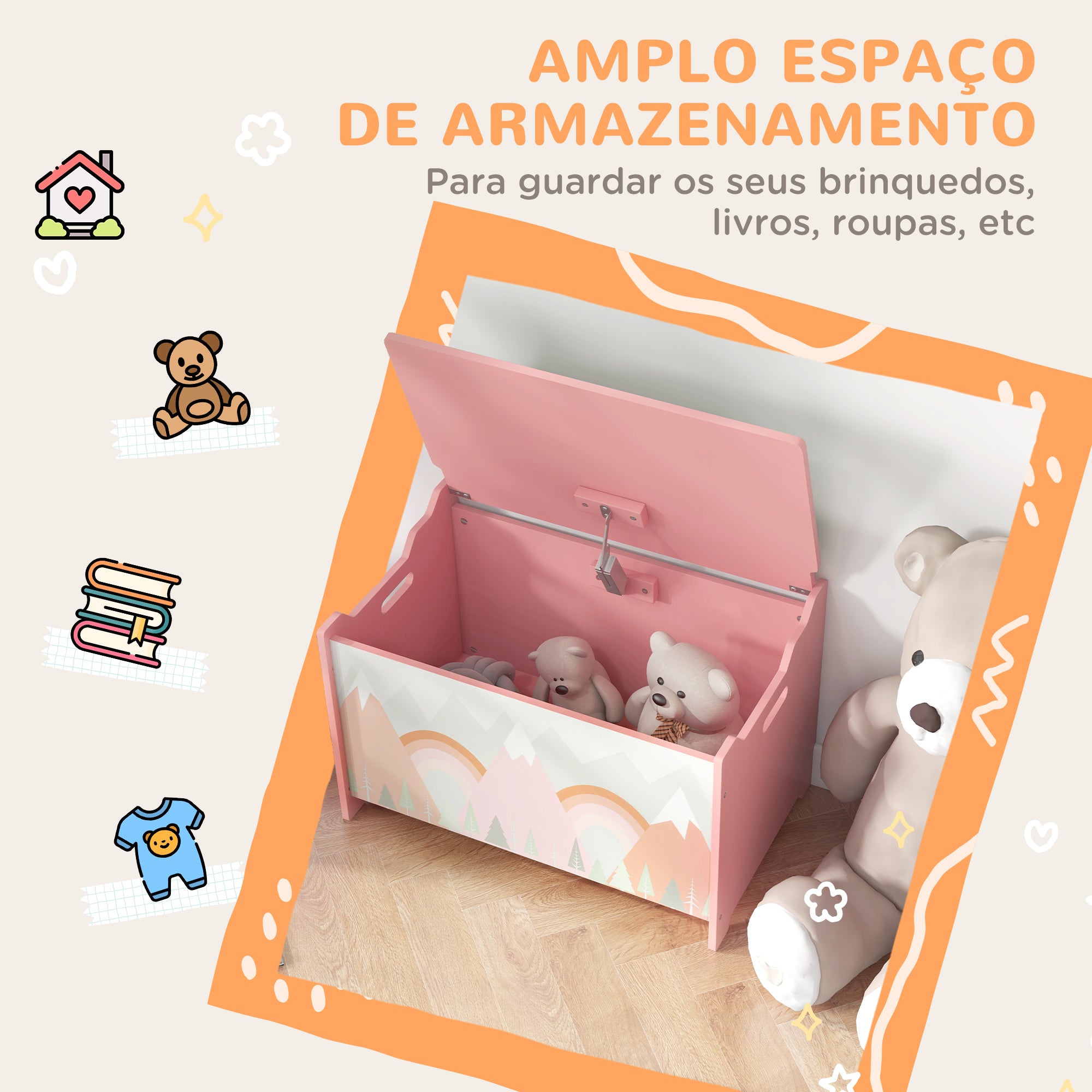 Baú de Brinquedos Organizador Infantil Rosa 60x37x39 cm