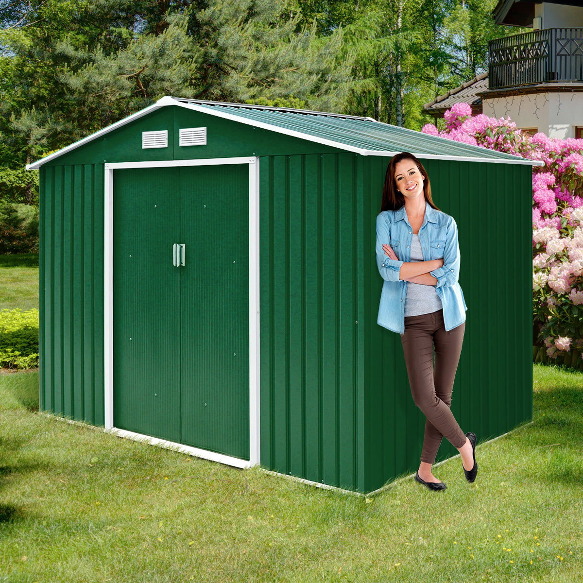 Cobertizo de Jardim em Chapa de Aço Verde Escuro 213x127x185cm