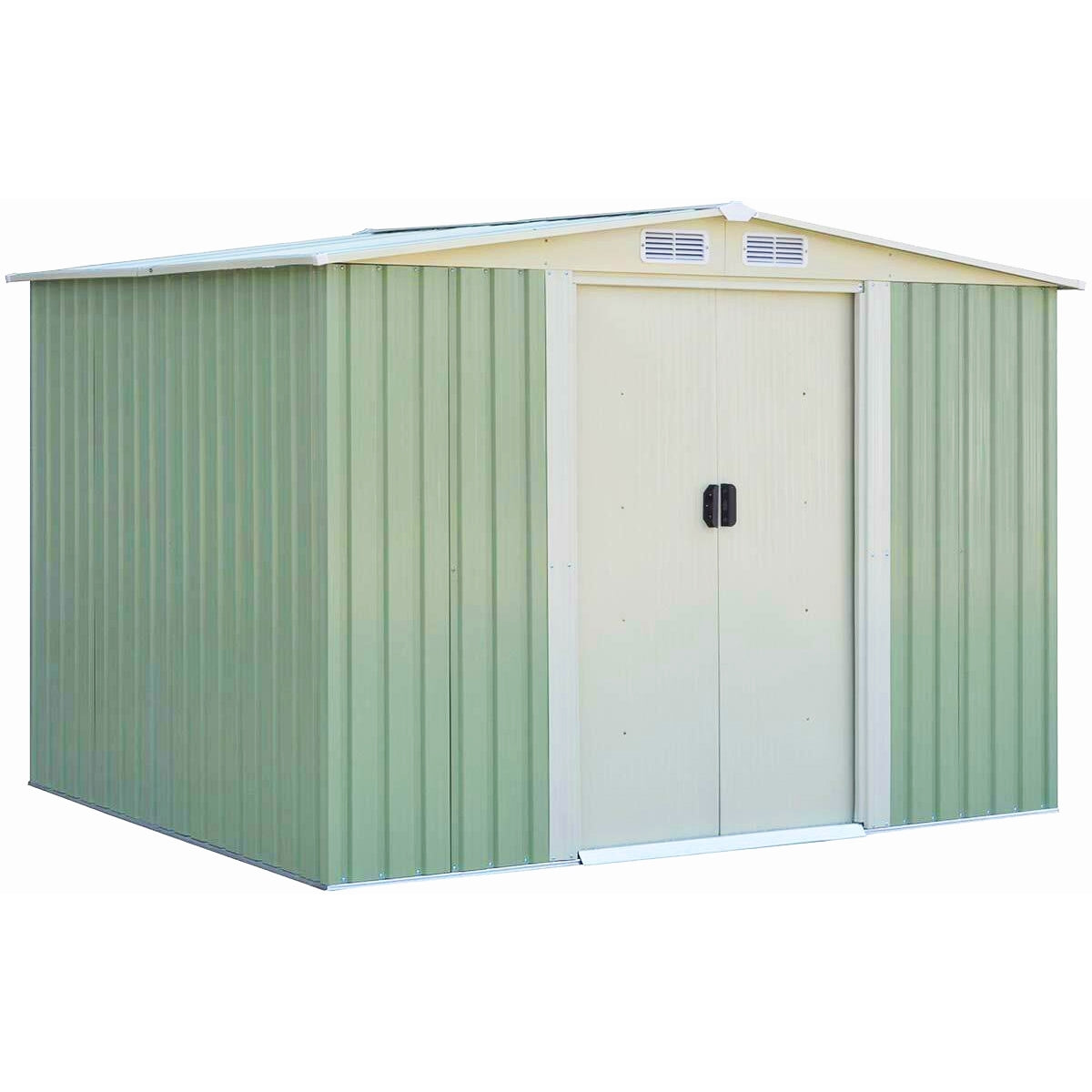 Abrigo de Jardim com Porta de Correr e Telhado de Duas Águas Galvanizado com Ventilação Casota de Exterior 205 x 257 x 175,5 cm Verde Claro