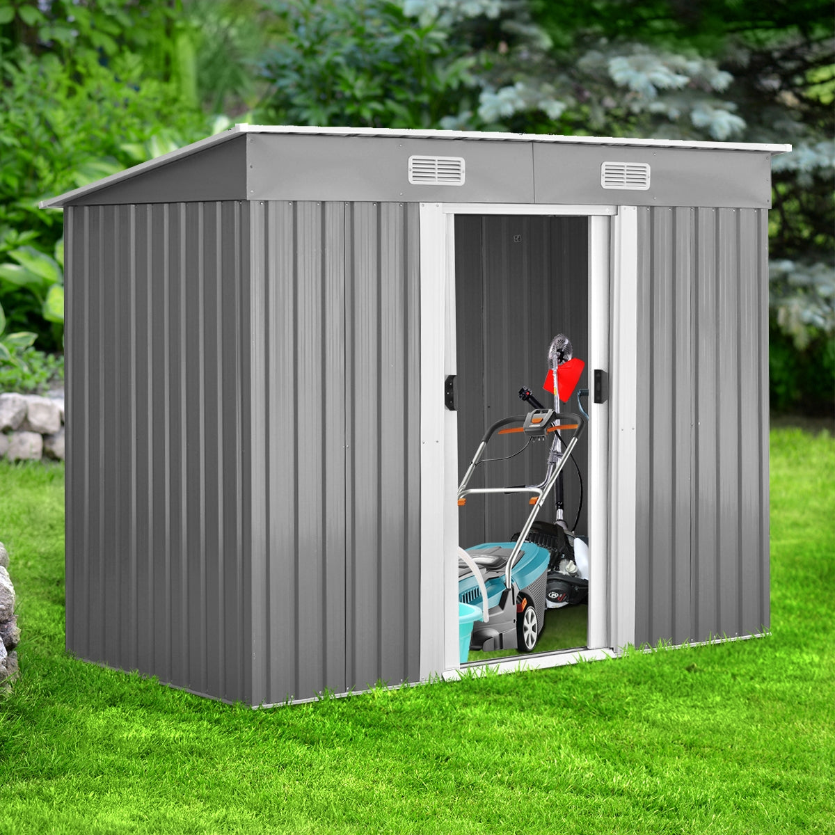 Cobertizo de Jardim em Metal Exterior com 2 Portas - Caixa de Armazenamento de 238 x 131 x 181 cm