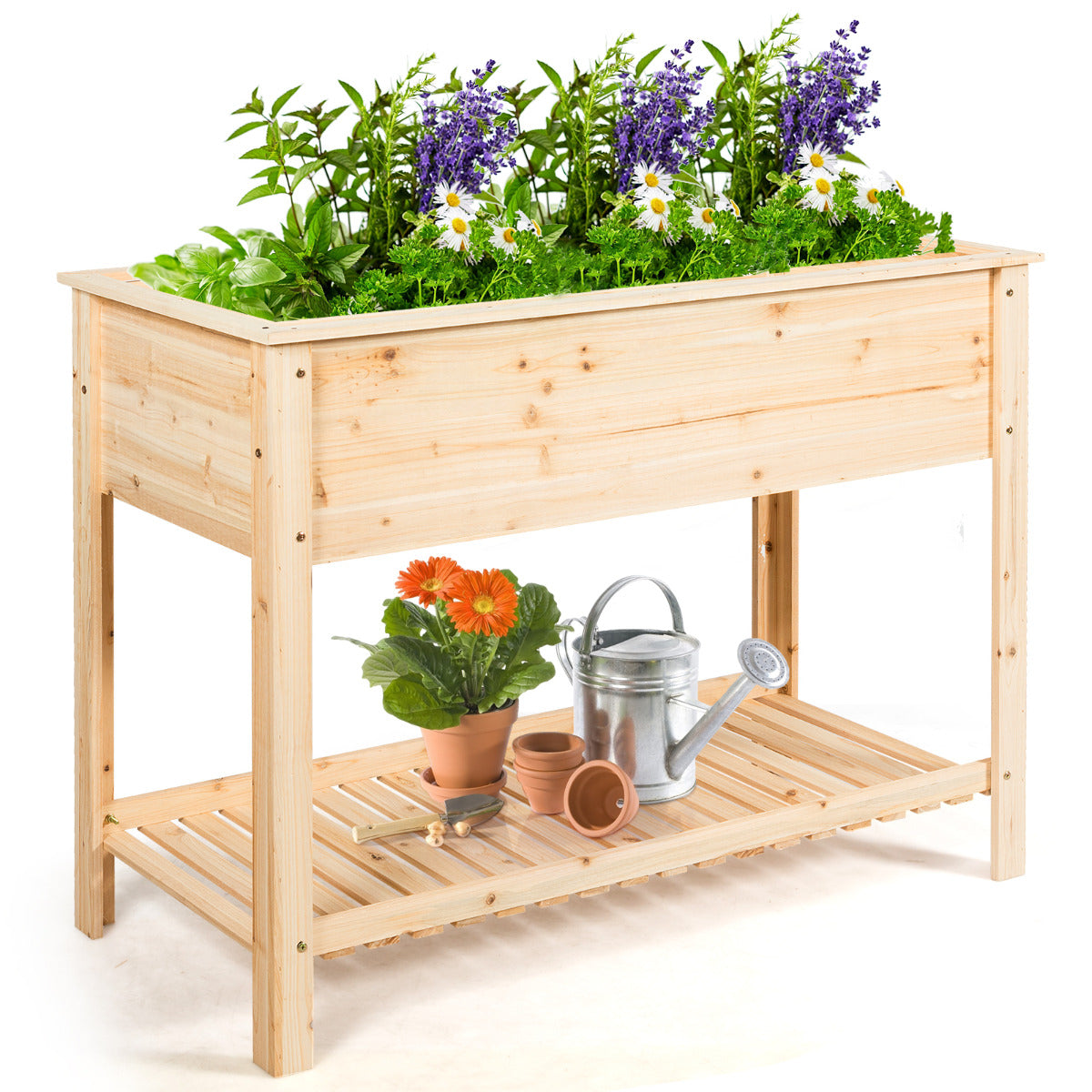 Maceta Elevada de Madeira para Jardim Prateleira Ideal para Plantas, Vegetais e Flores 92 x 41 x 81 cm Natural