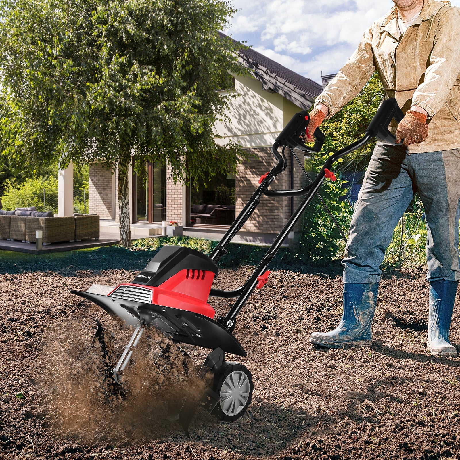 Arado Cincel Eléctrico y Cultivador 1500 W com Empuñadura Plegable e Rodas Reguláveis - Vermelho 104,5 x 100 x 45,5 cm