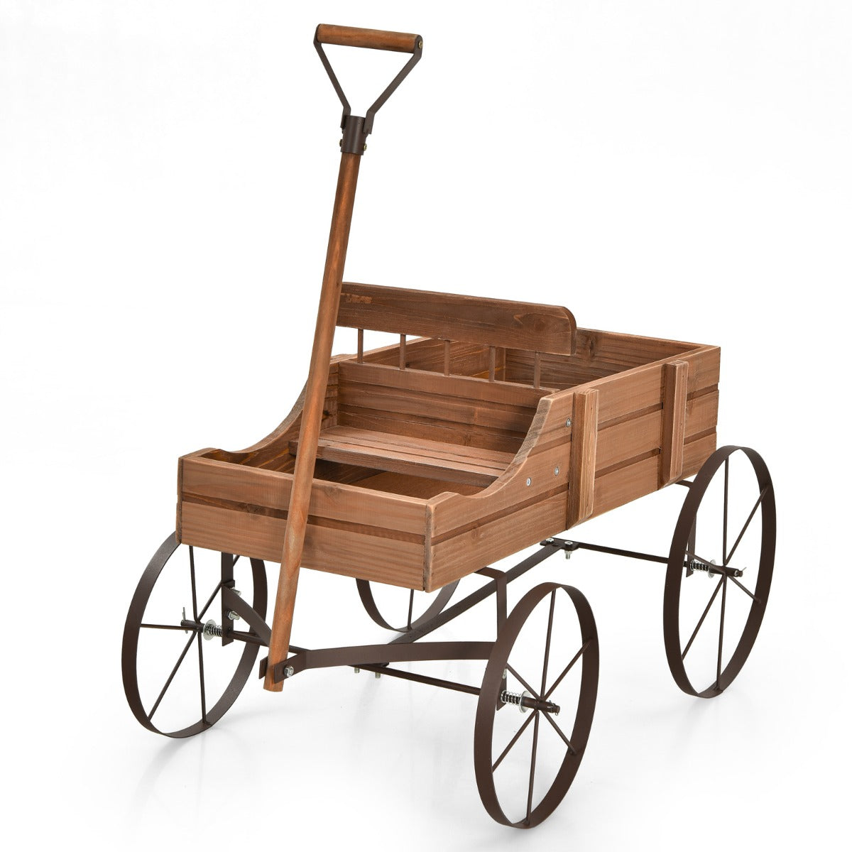 Carro de Madeira Vaso Decorativo com Rodas e 2 Secções para Plantas Jardim Pátio Nogueira 62 x 34 x 60 cm