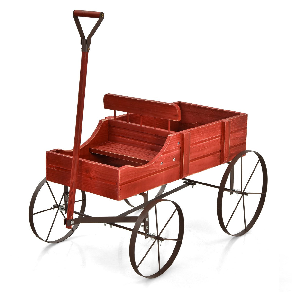 Carro de Madeira Vaso Decorativo com Rodas e 2 Secções para Plantas Jardim Pátio Vermelho 62 x 34 x 60 cm
