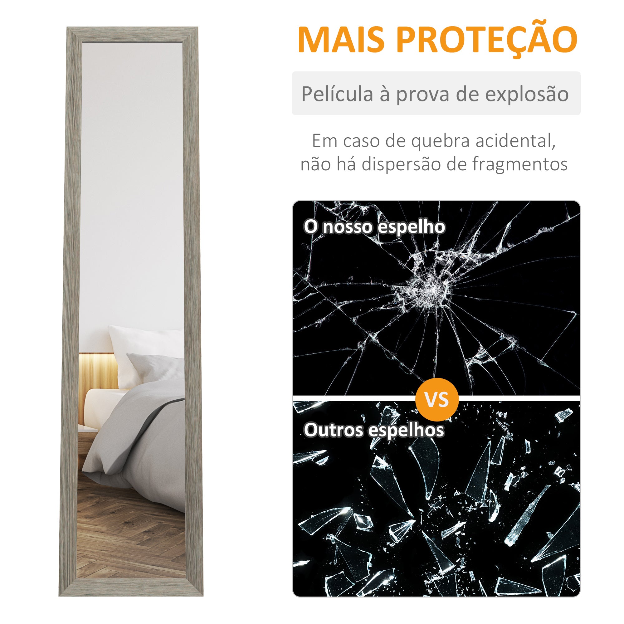 Espelho de corpo inteiro – 37x155 cm – Cinzento – MDF com vidro