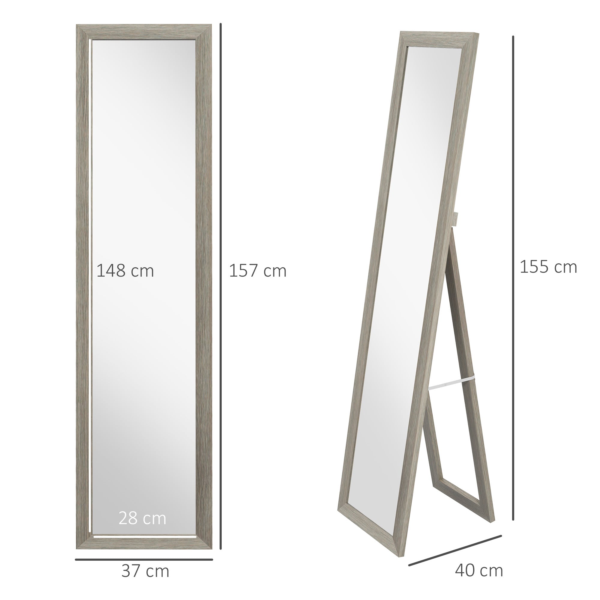 Espelho de corpo inteiro – 37x155 cm – Cinzento – MDF com vidro