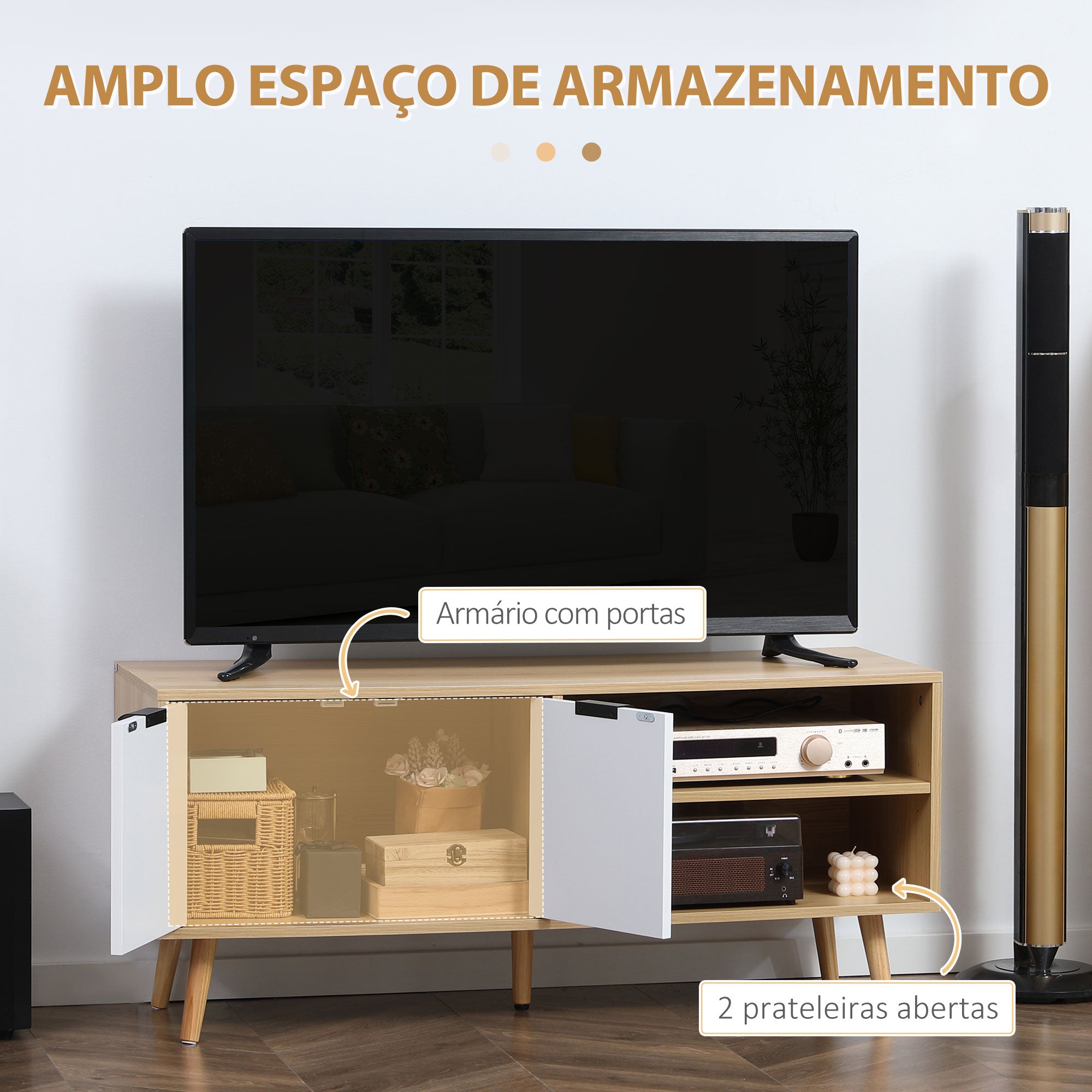 Móvel de TV Moderno para Sala de Estar - 110x39x48,8cm - Madeira e Branco