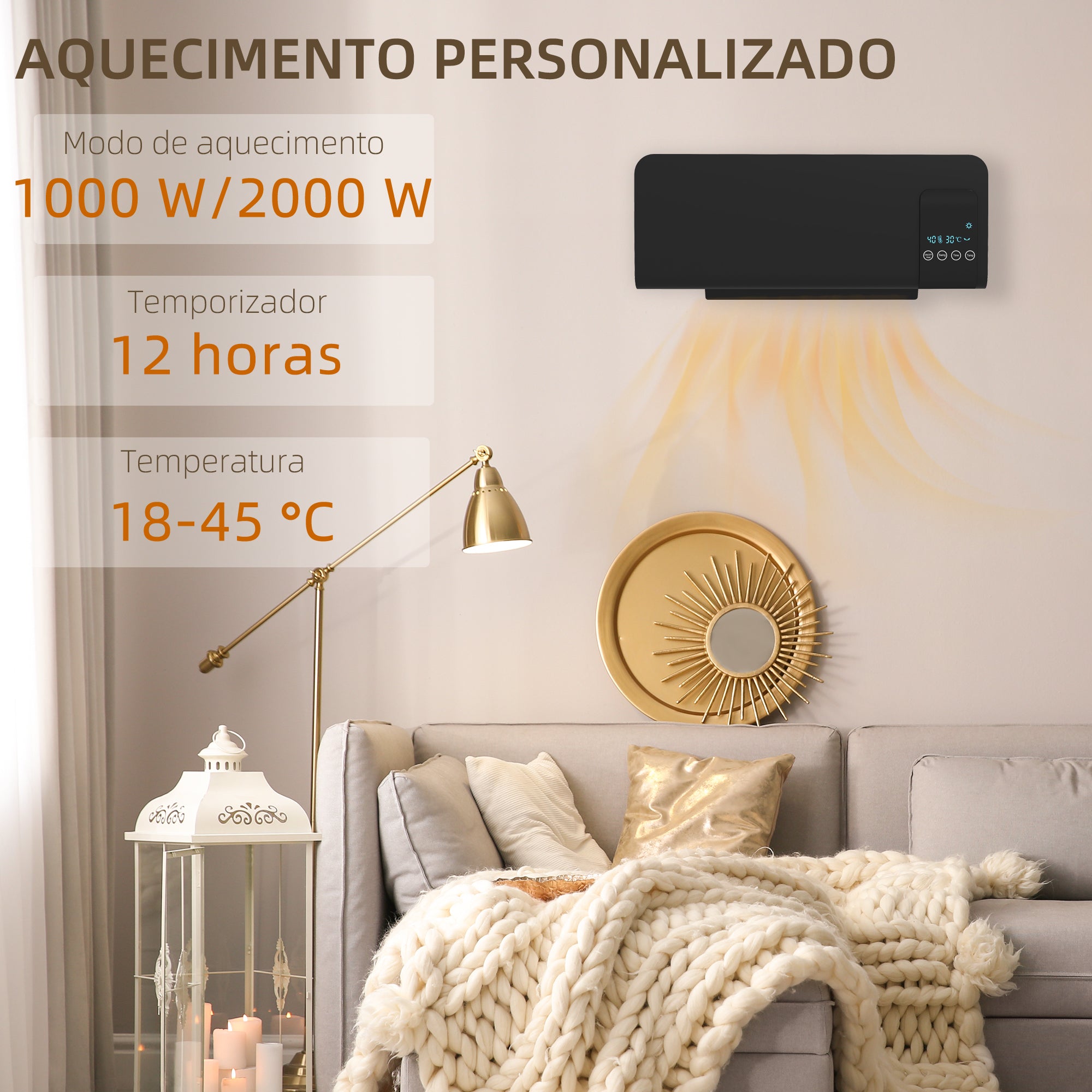 Aquecedor Elétrico de Parede 1000W/2000W Preto 54,5x12x21,5 cm