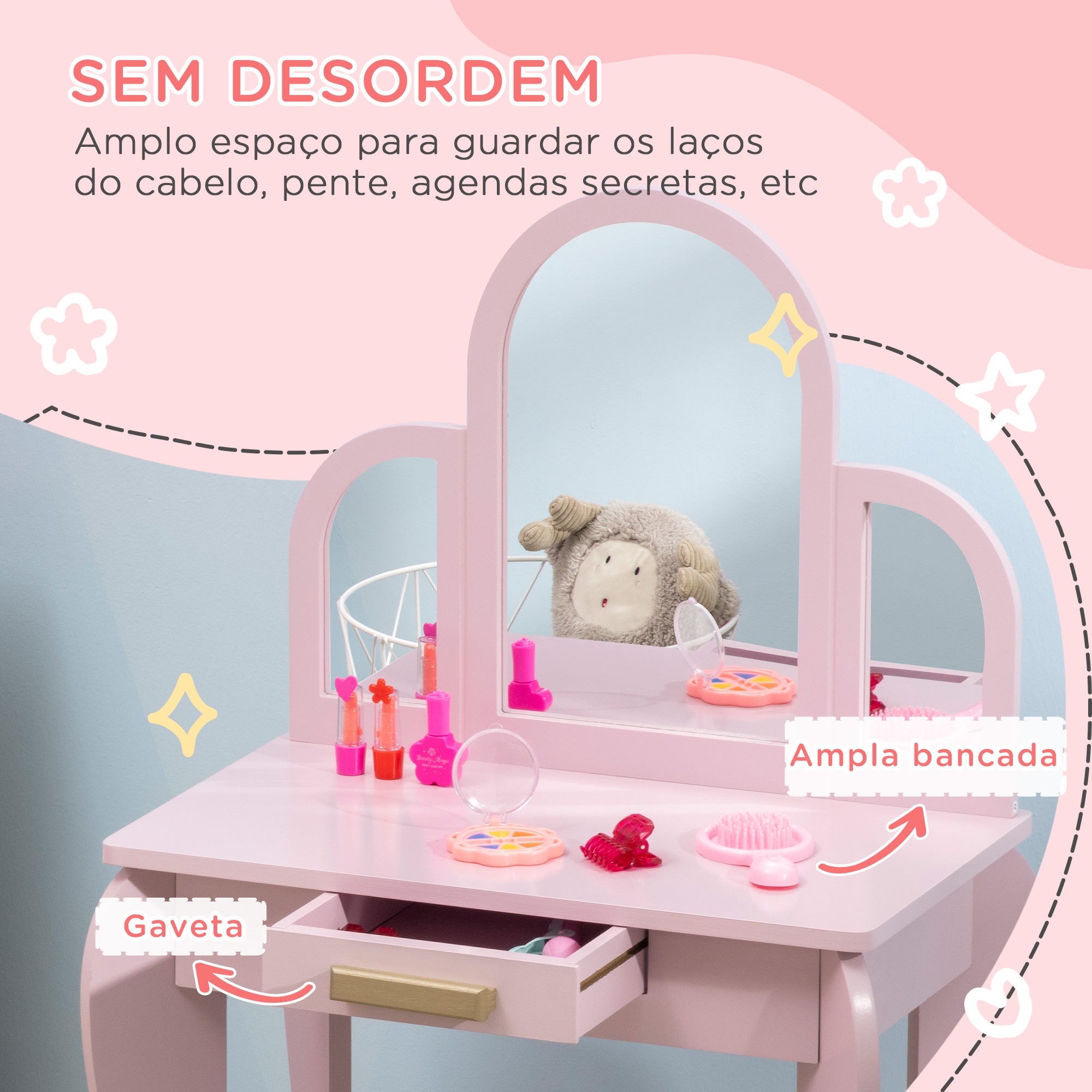 Toucador Infantil de Madeira Rosa 52x32x85 cm