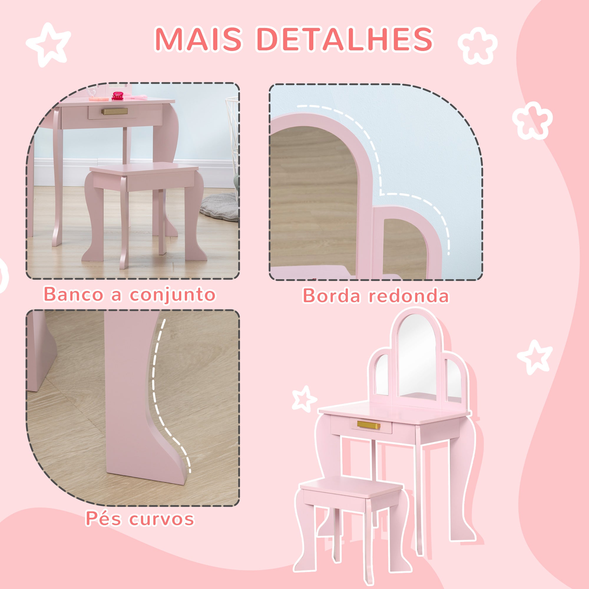 Toucador Infantil de Madeira Rosa 52x32x85 cm