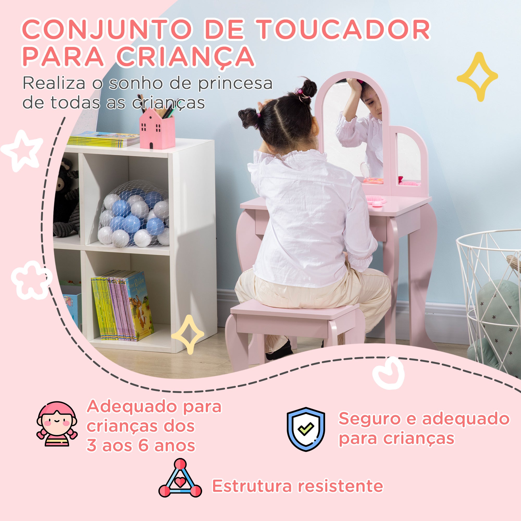 Toucador Infantil de Madeira Rosa 52x32x85 cm
