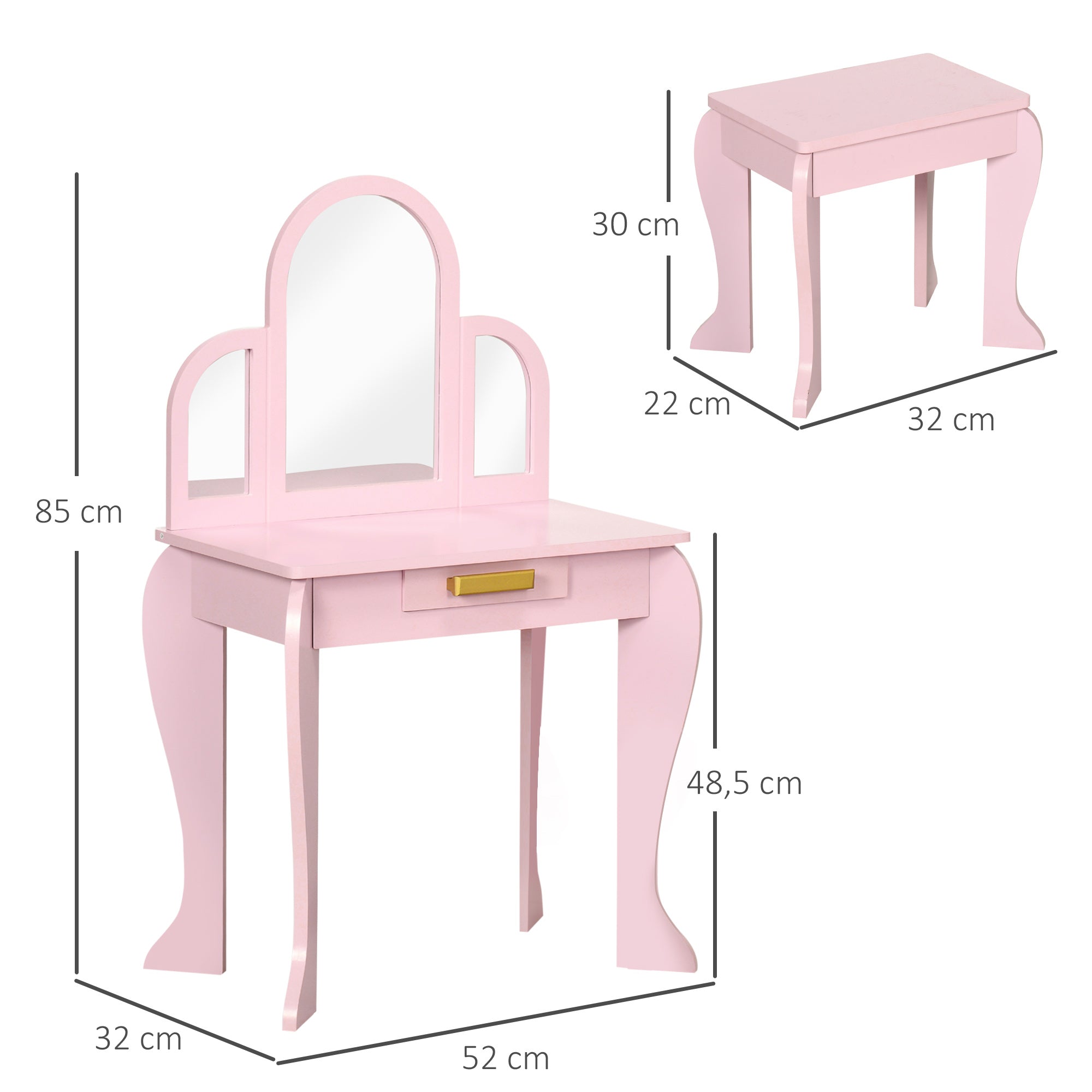 Toucador Infantil de Madeira Rosa 52x32x85 cm