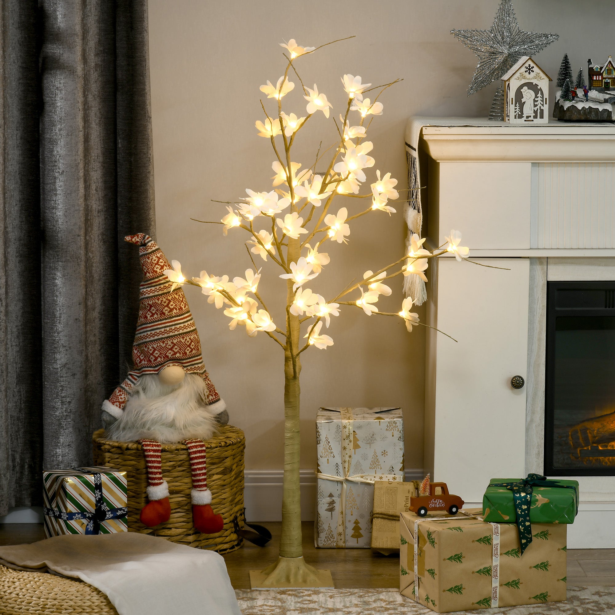 Árvore Cerejeira 120 cm Cáqui e Branco - Luzes LED e Ramos Flexíveis