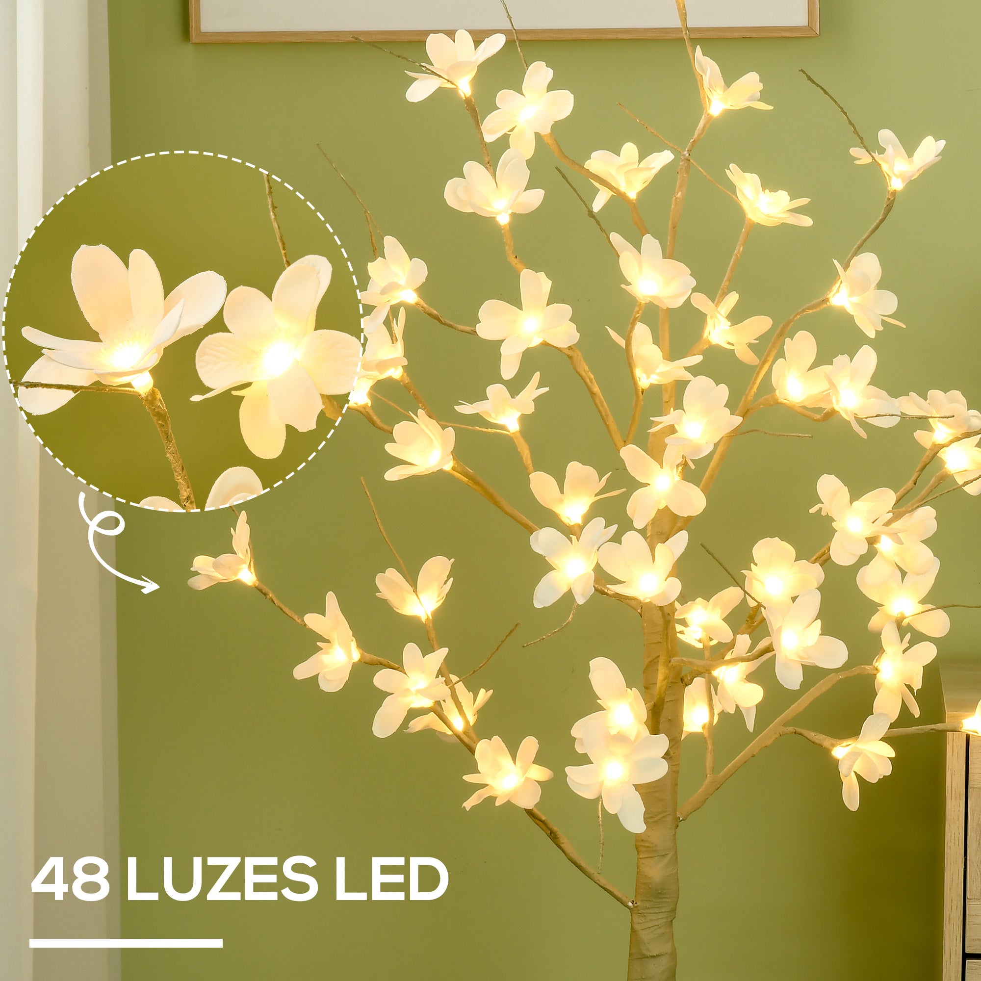 Árvore Cerejeira 120 cm Cáqui e Branco - Luzes LED e Ramos Flexíveis
