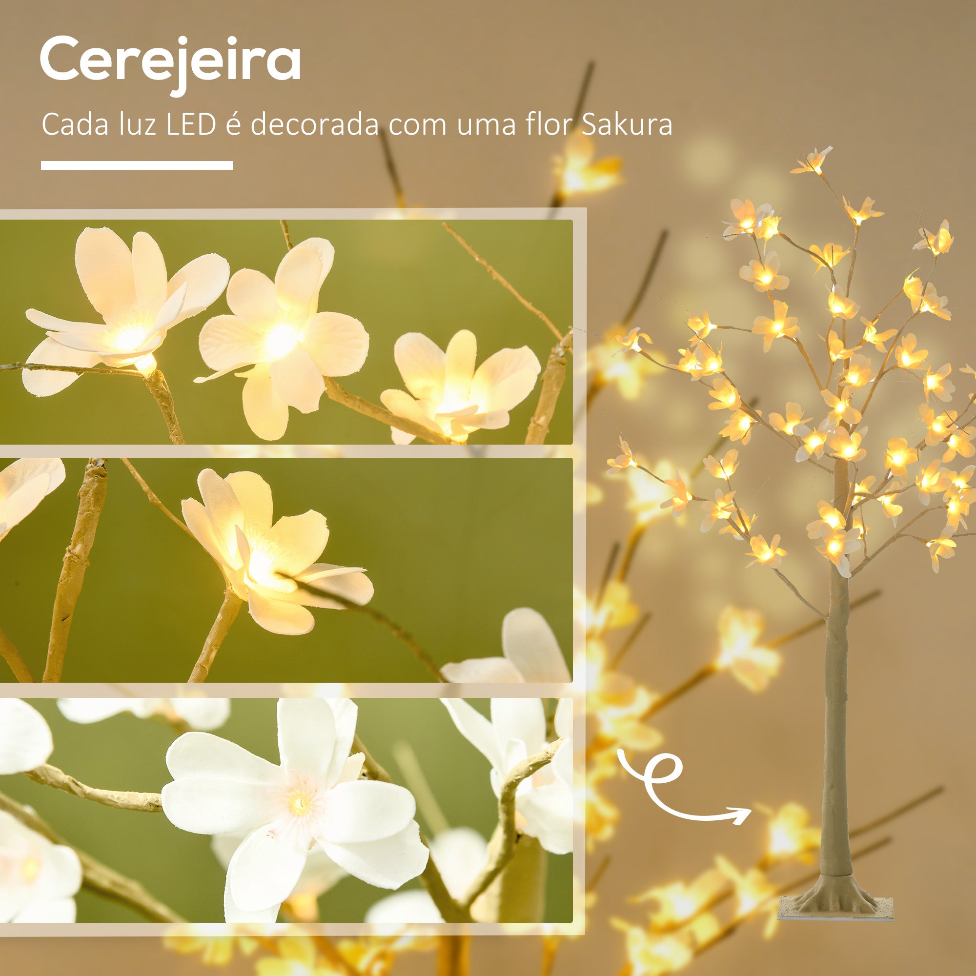 Árvore Cerejeira 120 cm Cáqui e Branco - Luzes LED e Ramos Flexíveis