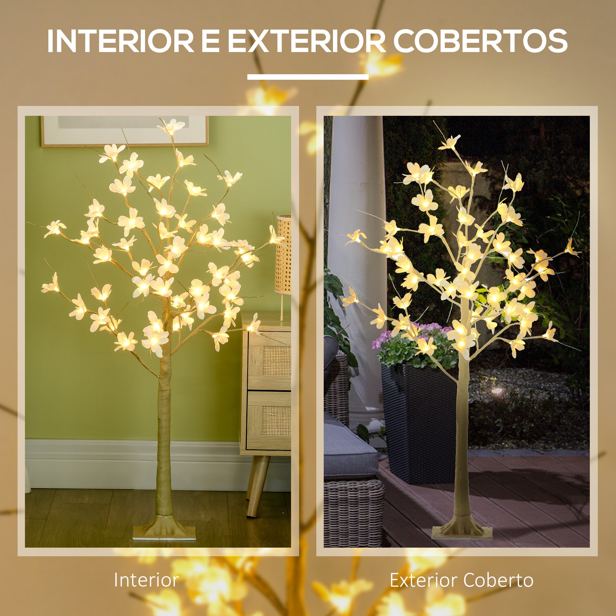 Árvore Cerejeira 120 cm Cáqui e Branco - Luzes LED e Ramos Flexíveis