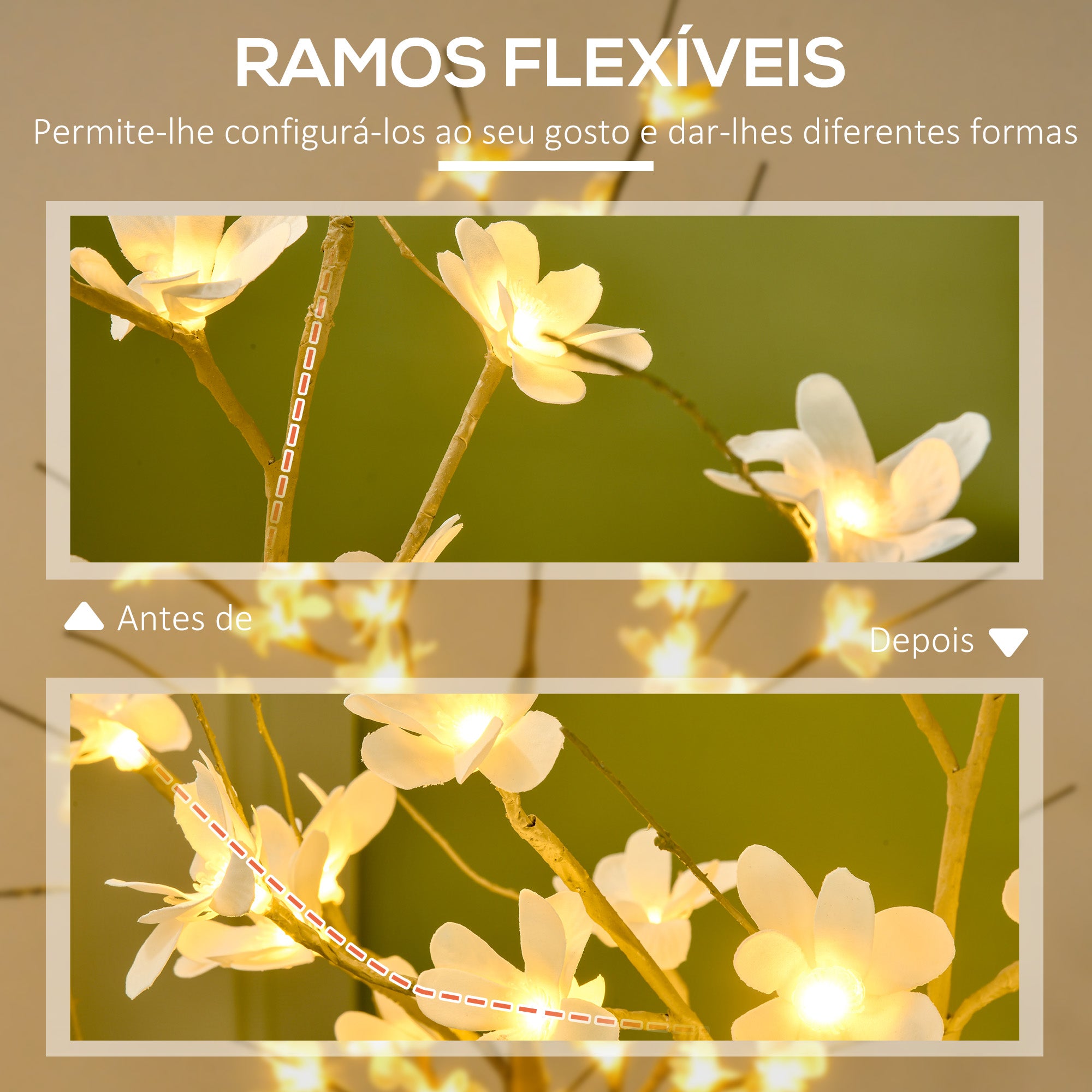 Árvore Cerejeira 120 cm Cáqui e Branco - Luzes LED e Ramos Flexíveis