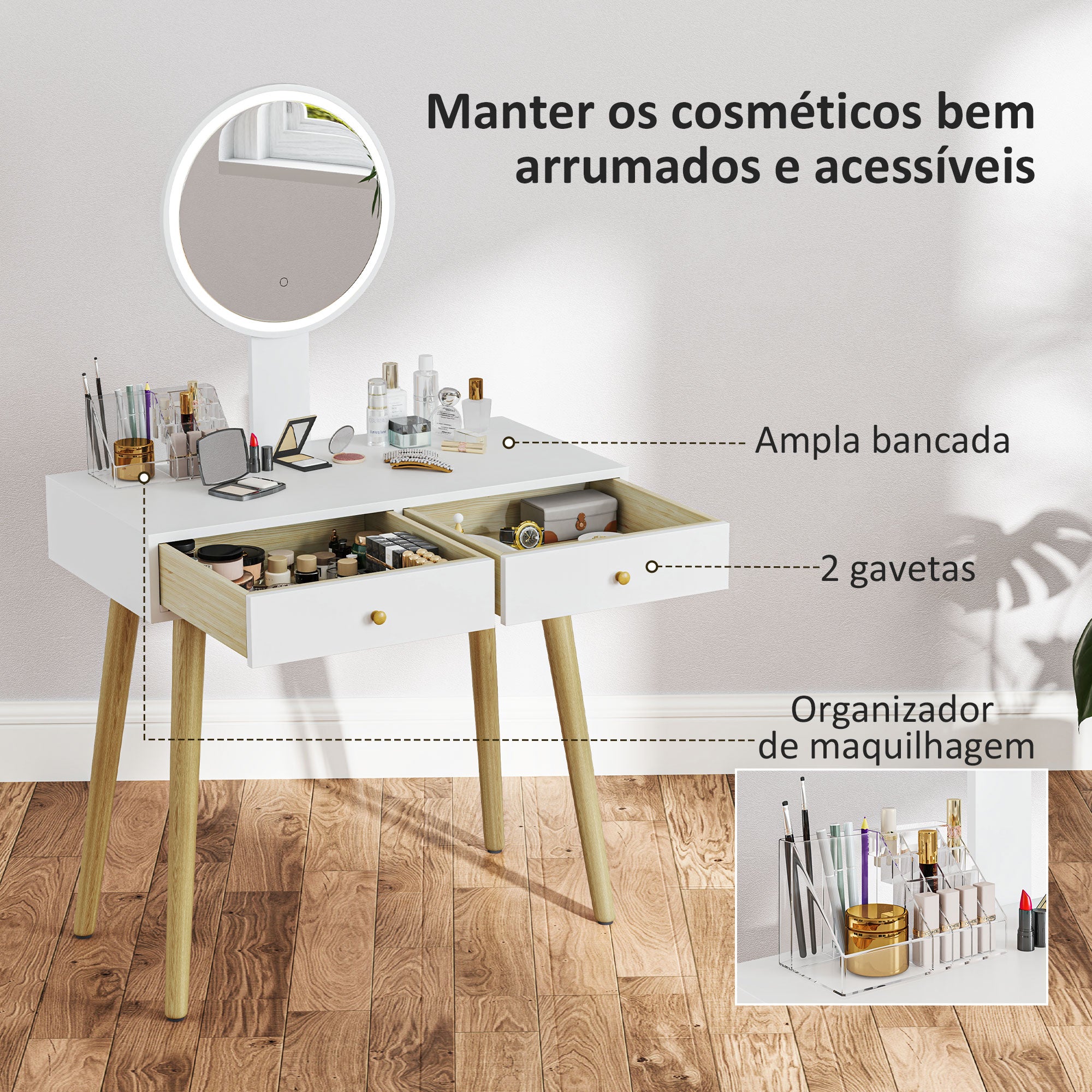 Tocador de Maquilhagem com Luz LED 80x43x133 cm - Branco