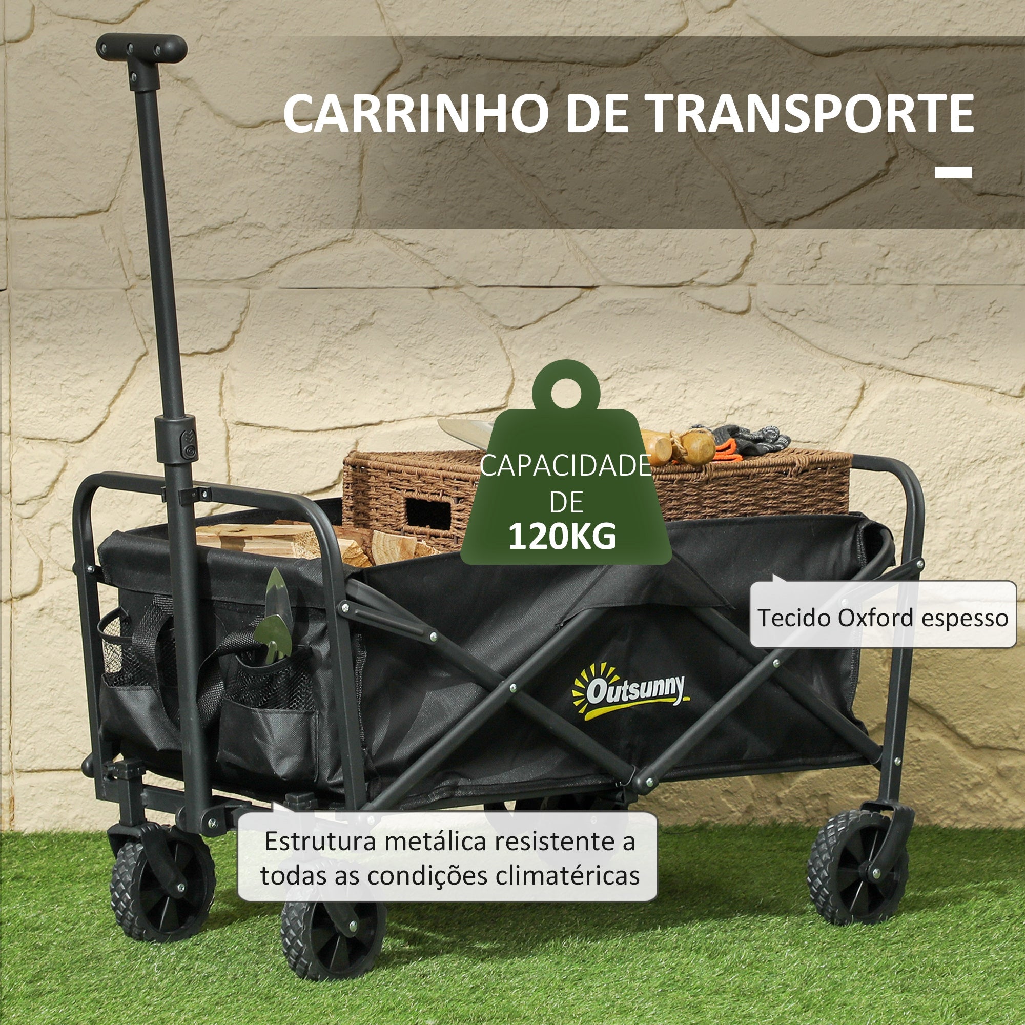Carrinho de Transporte Dobrável Preto 64x42x27 cm