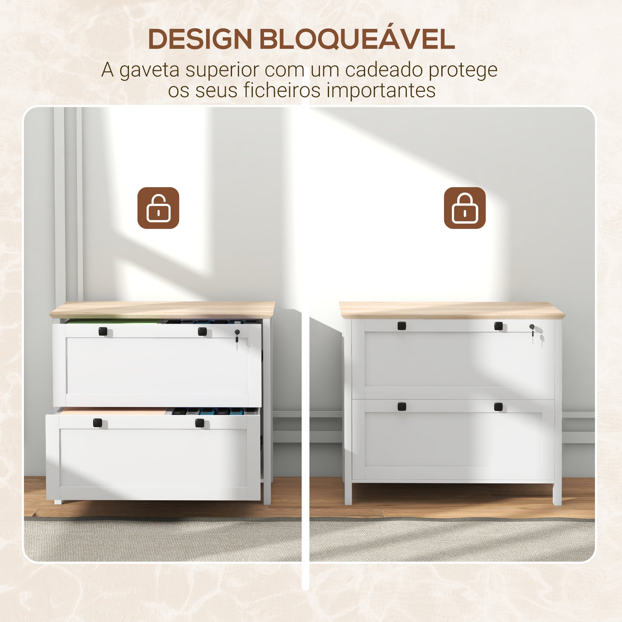 Armário de Escritório Móvel com 2 Gavetas e Fechadura - 79x40x72 cm - Branco e Madeira