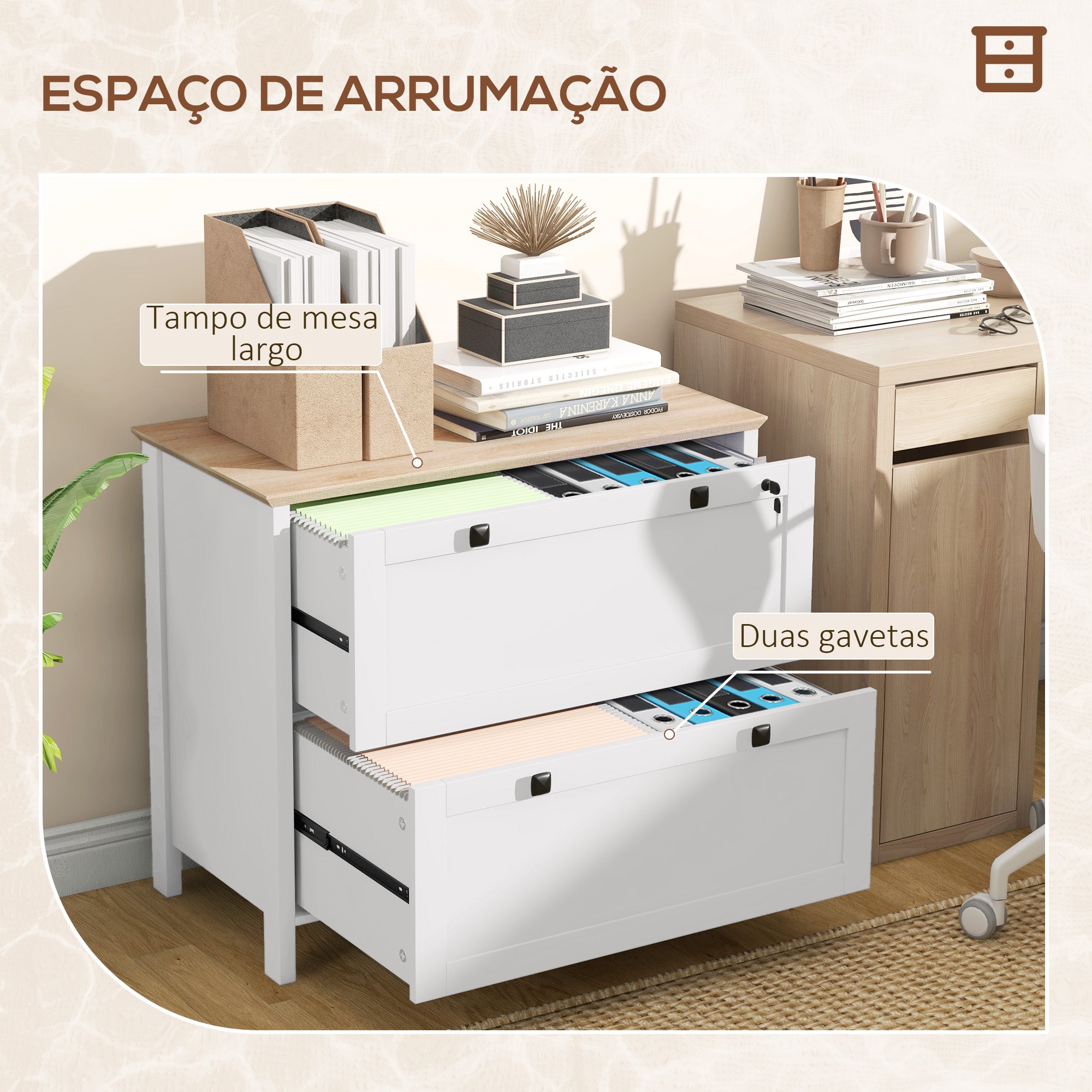 Armário de Escritório Móvel com 2 Gavetas e Fechadura - 79x40x72 cm - Branco e Madeira