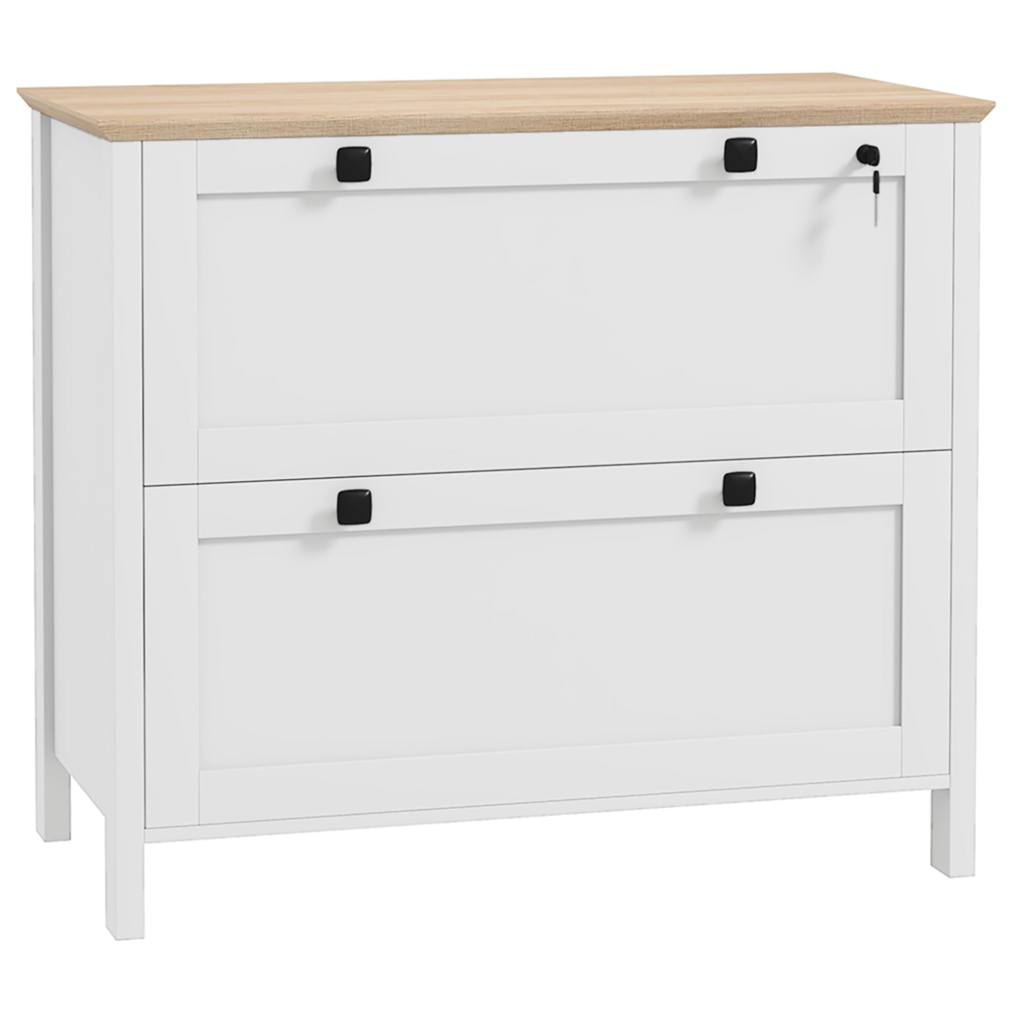 Armário de Escritório Móvel com 2 Gavetas e Fechadura - 79x40x72 cm - Branco e Madeira