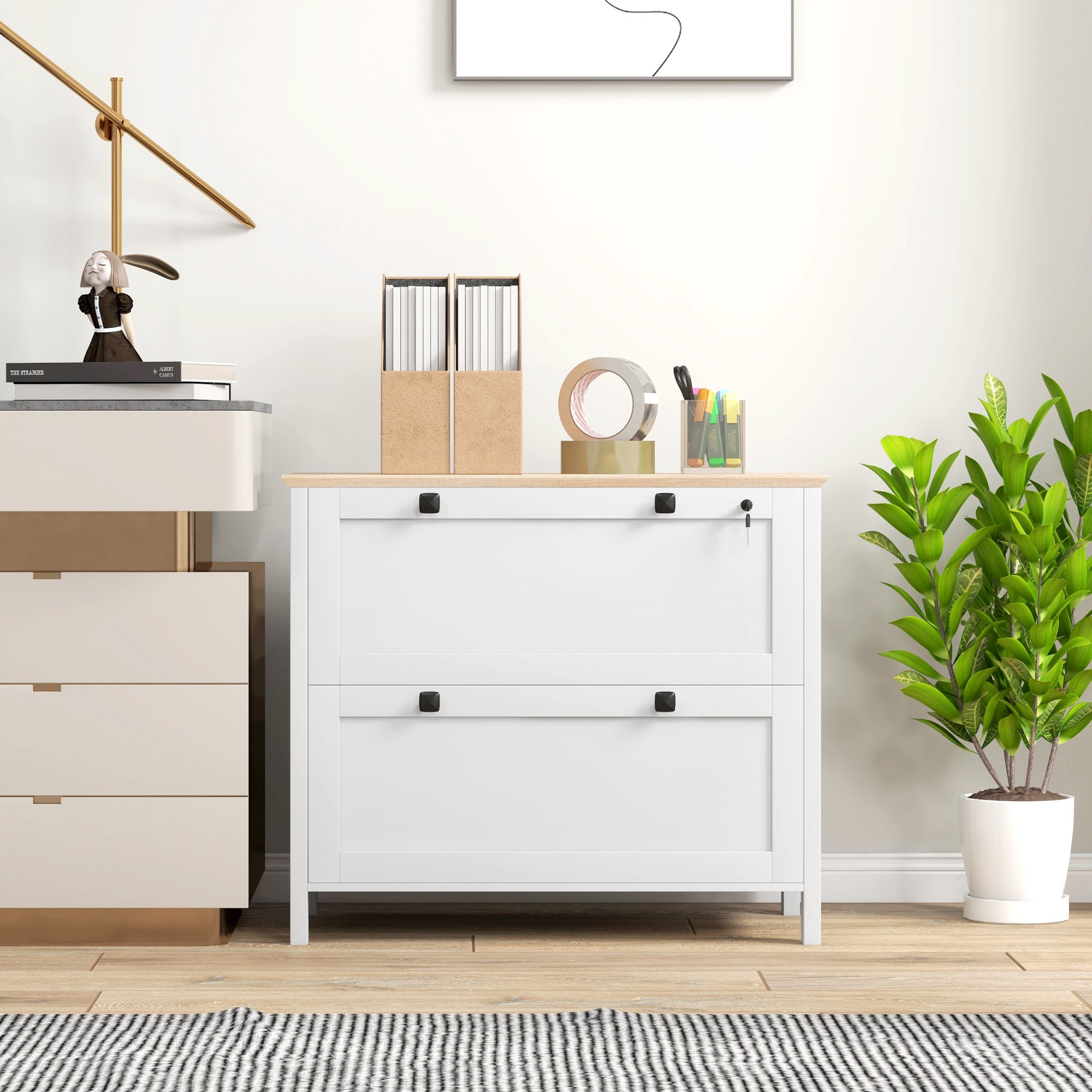 Armário de Escritório Móvel com 2 Gavetas e Fechadura - 79x40x72 cm - Branco e Madeira