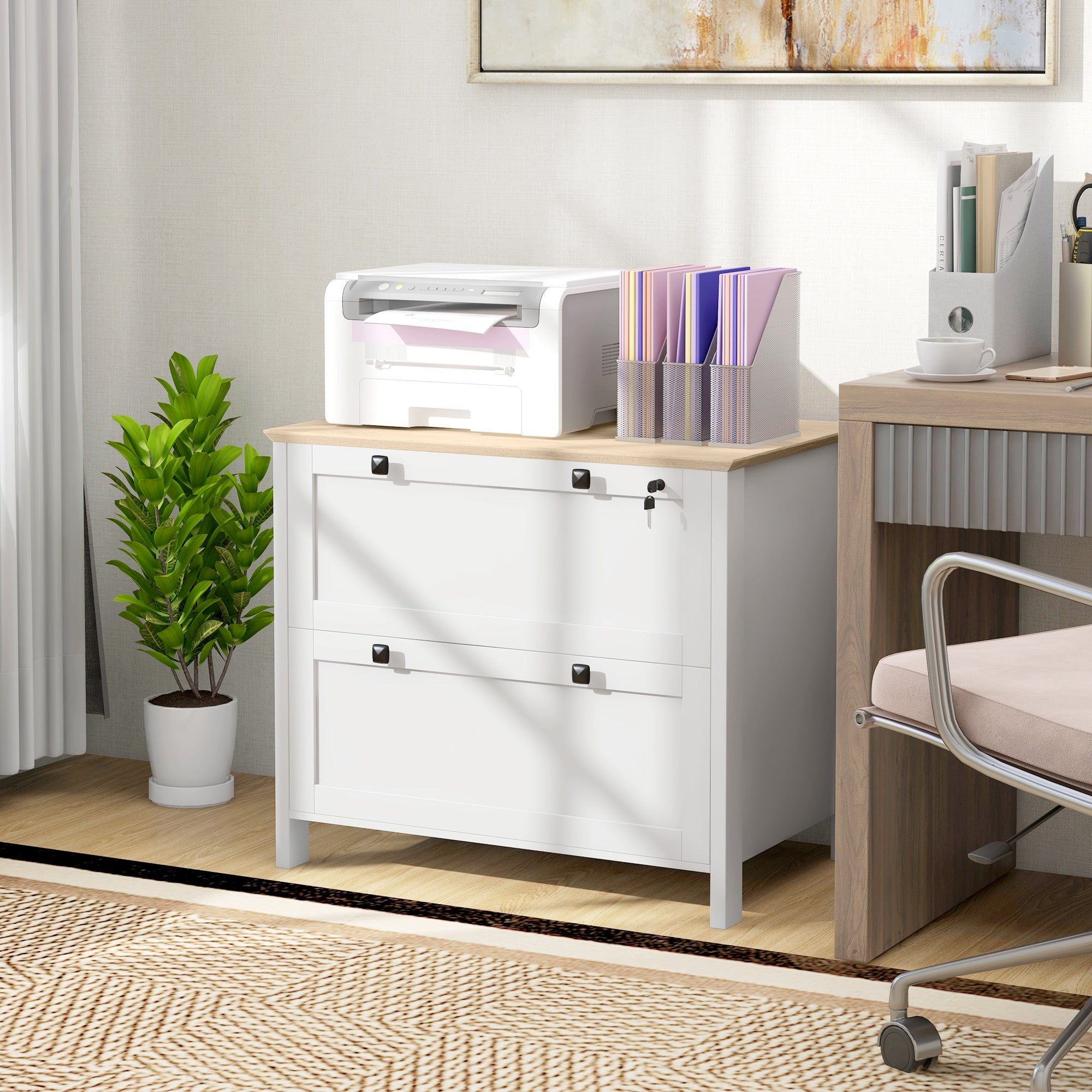 Armário de Escritório Móvel com 2 Gavetas e Fechadura - 79x40x72 cm - Branco e Madeira