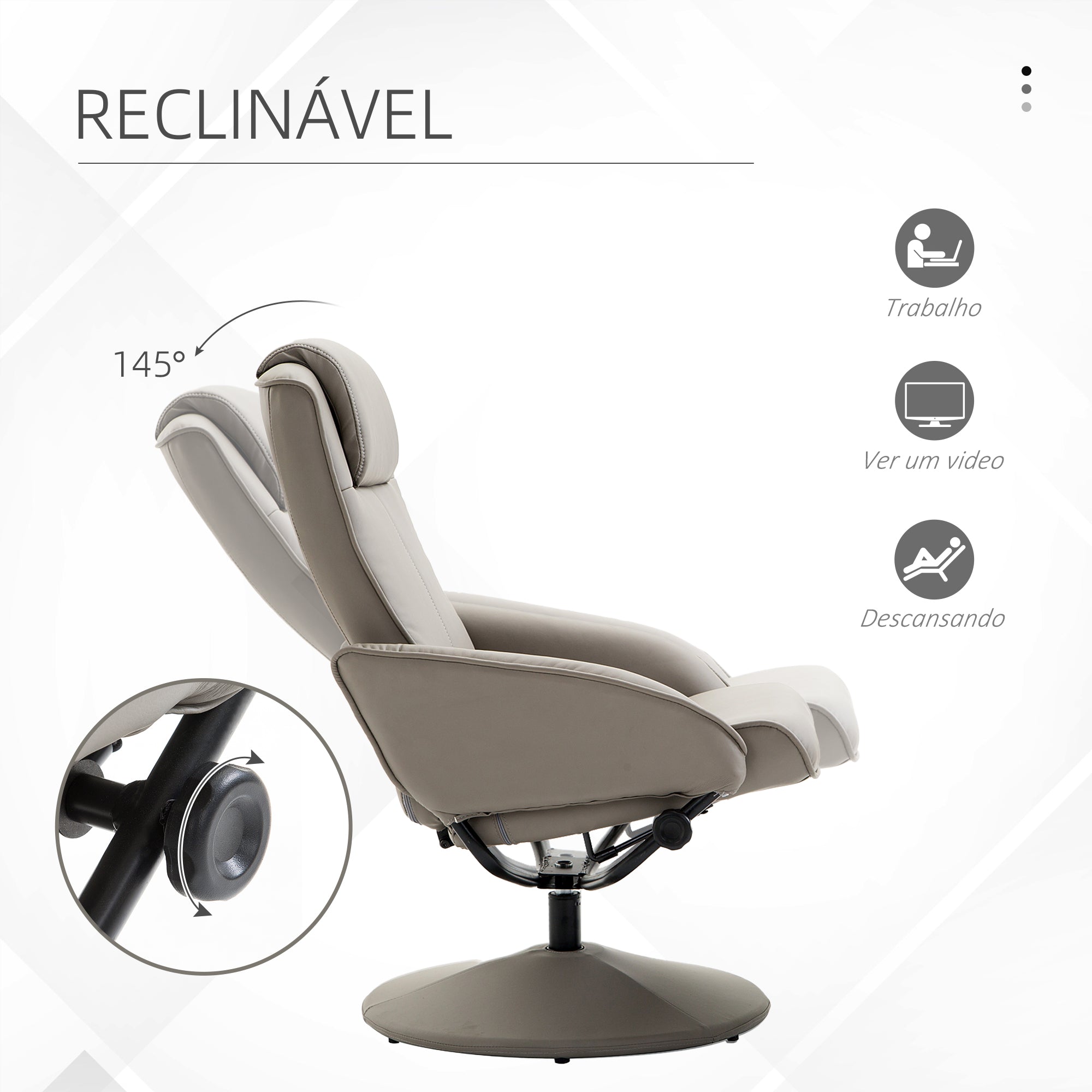 Poltrona Relax Reclinável 145° com Apoio para os Pés - Cinzento 78x67x98 cm