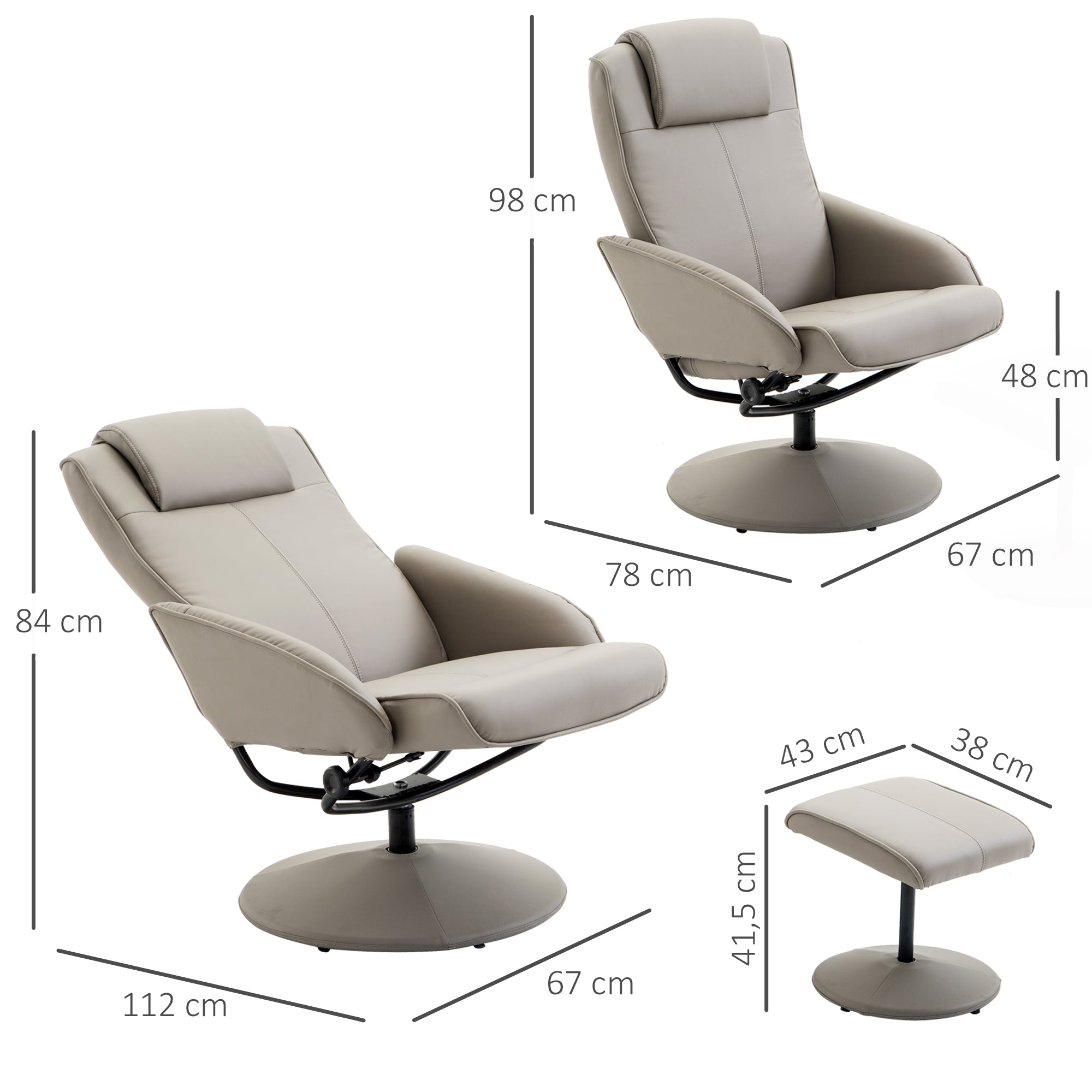 Poltrona Relax Reclinável 145° com Apoio para os Pés - Cinzento 78x67x98 cm