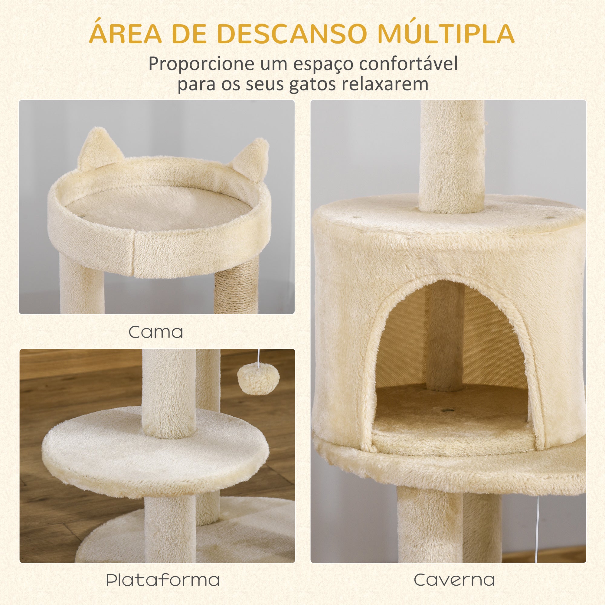 Arranhador para Gatos com Postes de Sisal e Bola Suspensa 48x48x104 cm - Cor Bege
