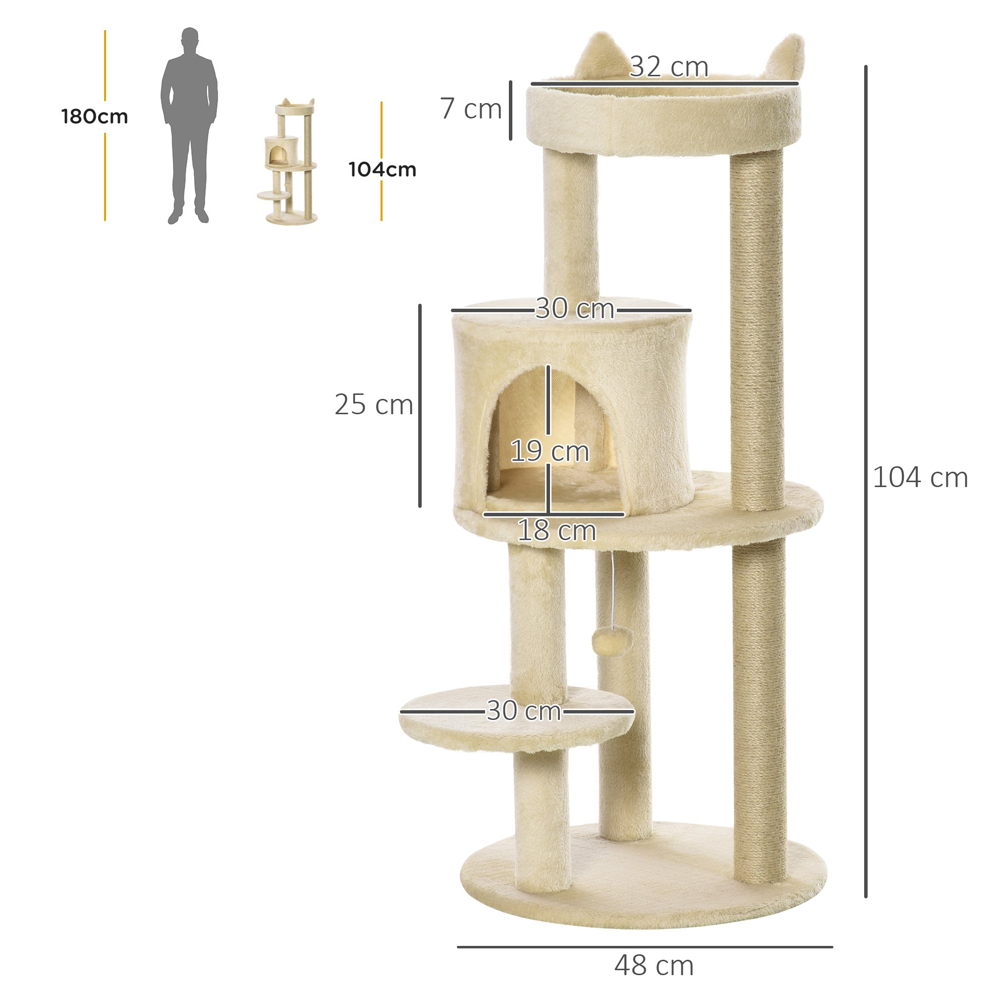 Arranhador para Gatos com Postes de Sisal e Bola Suspensa 48x48x104 cm - Cor Bege