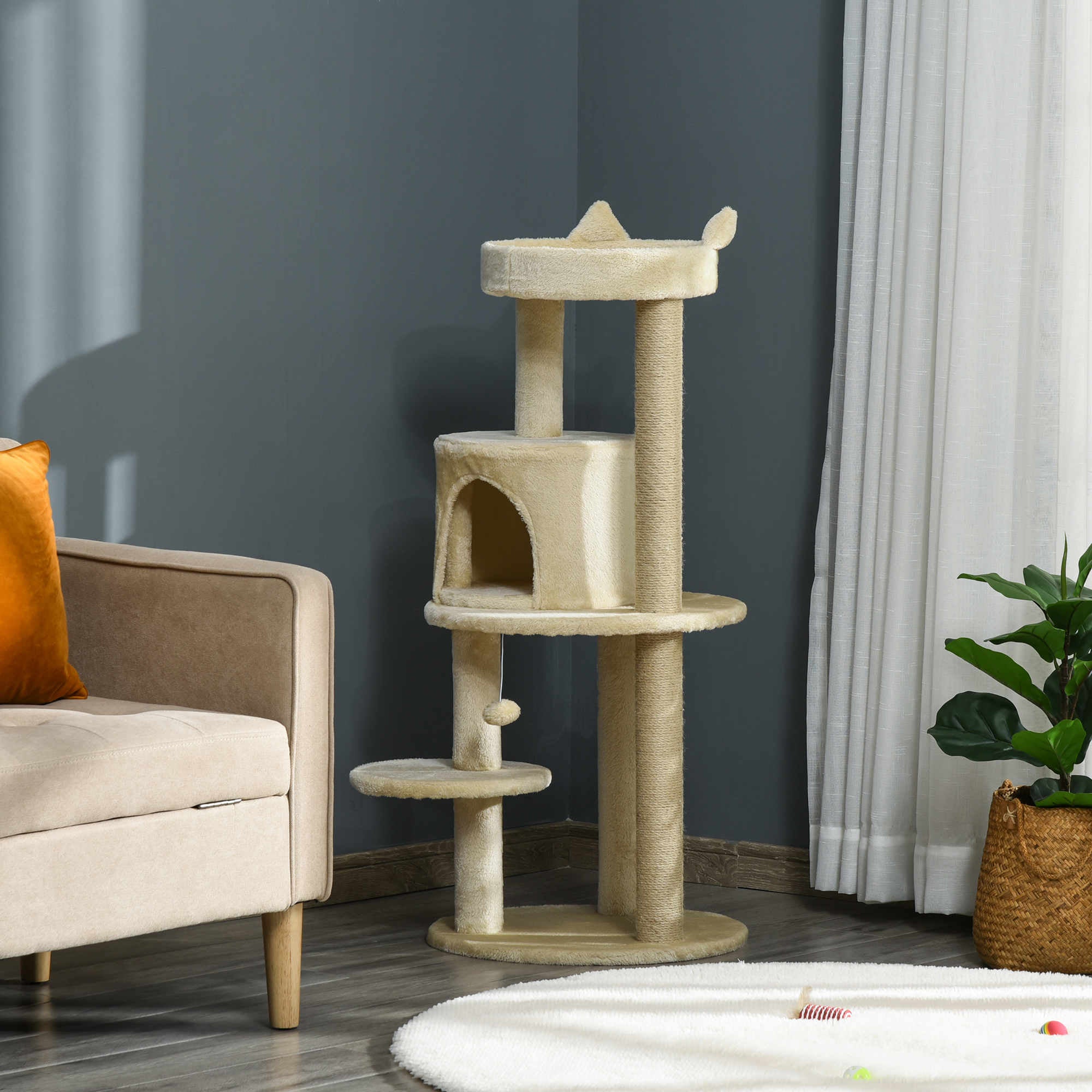 Arranhador para Gatos com Postes de Sisal e Bola Suspensa 48x48x104 cm - Cor Bege