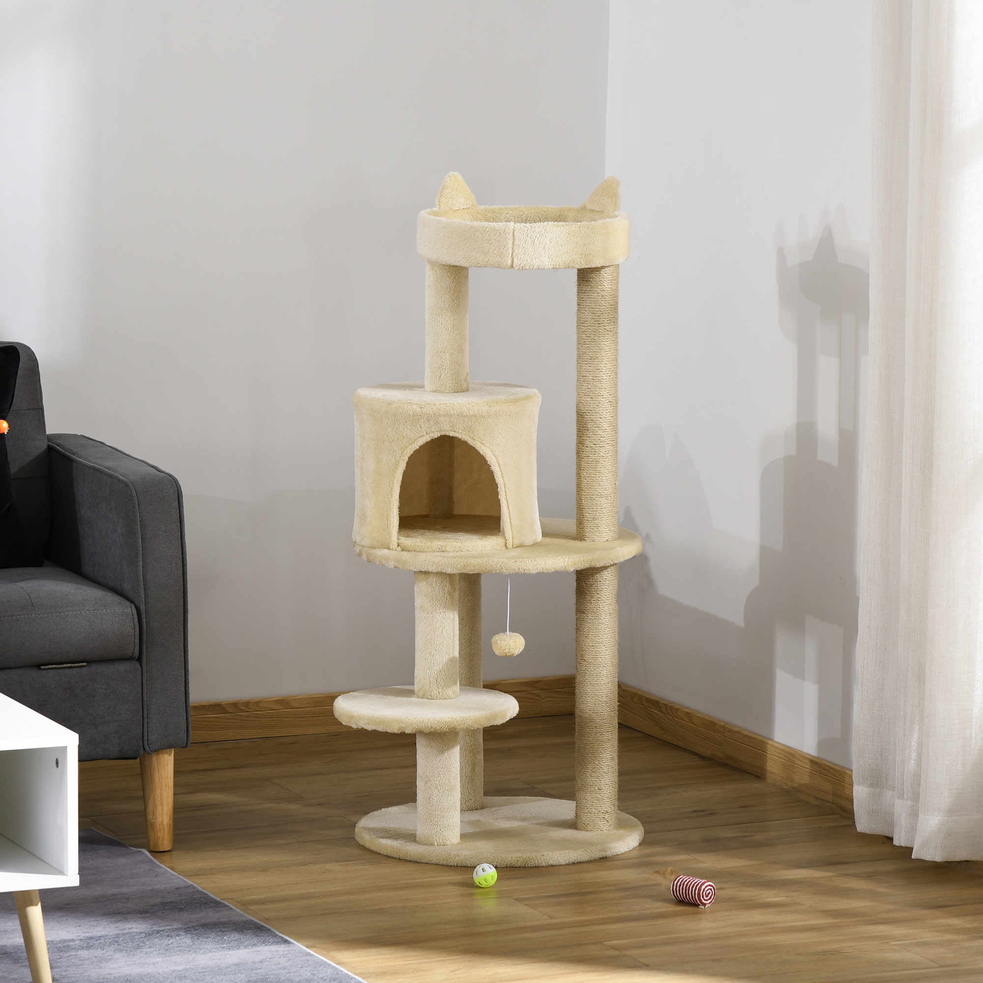Arranhador para Gatos com Postes de Sisal e Bola Suspensa 48x48x104 cm - Cor Bege